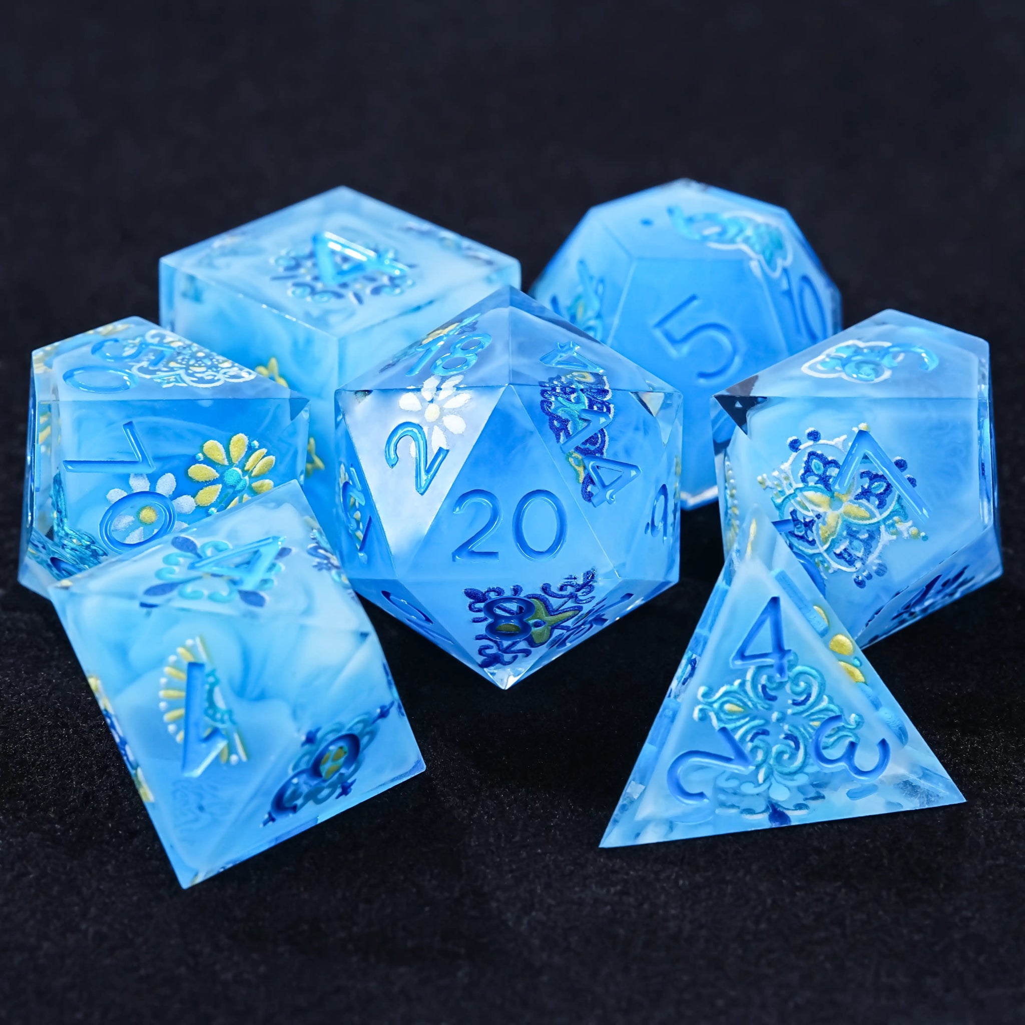 Glacier Blue Floral Bloom D&D Dice Set - Bear Dice