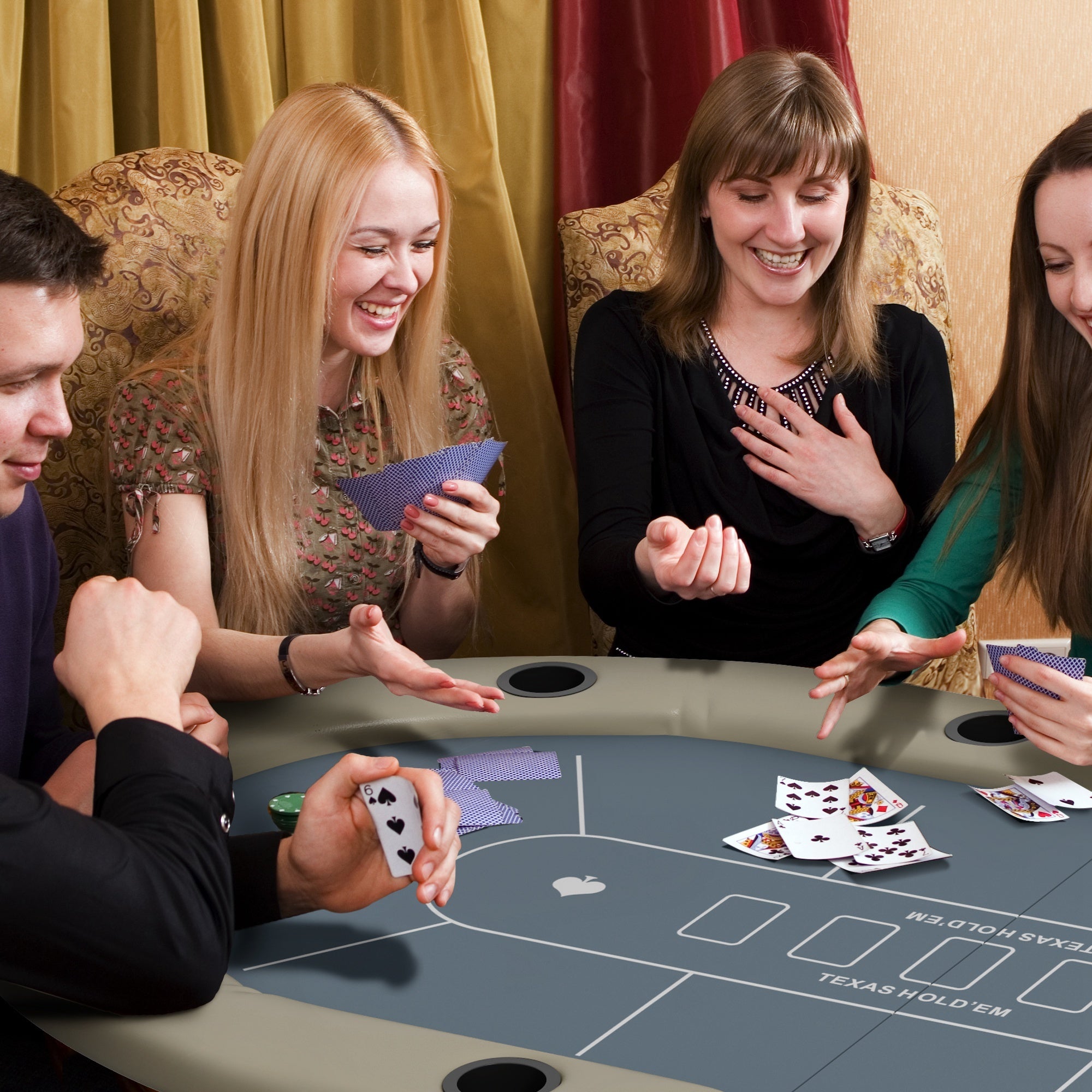 Gray 70-Inch Oval Foldable Poker Table Angled View Showing Full Playing Surface and 10 Cup Holders Bear Dice