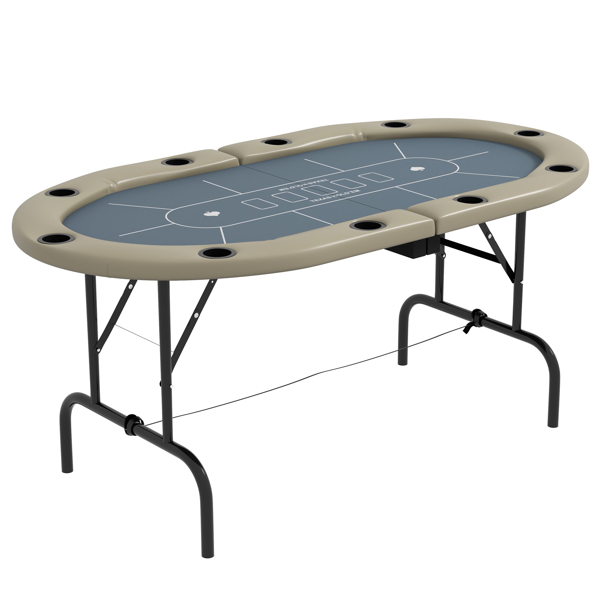 Gray 70-Inch Oval Foldable Poker Table Full View with Beige Armrest and Black Steel Folding Legs | Bear Dice