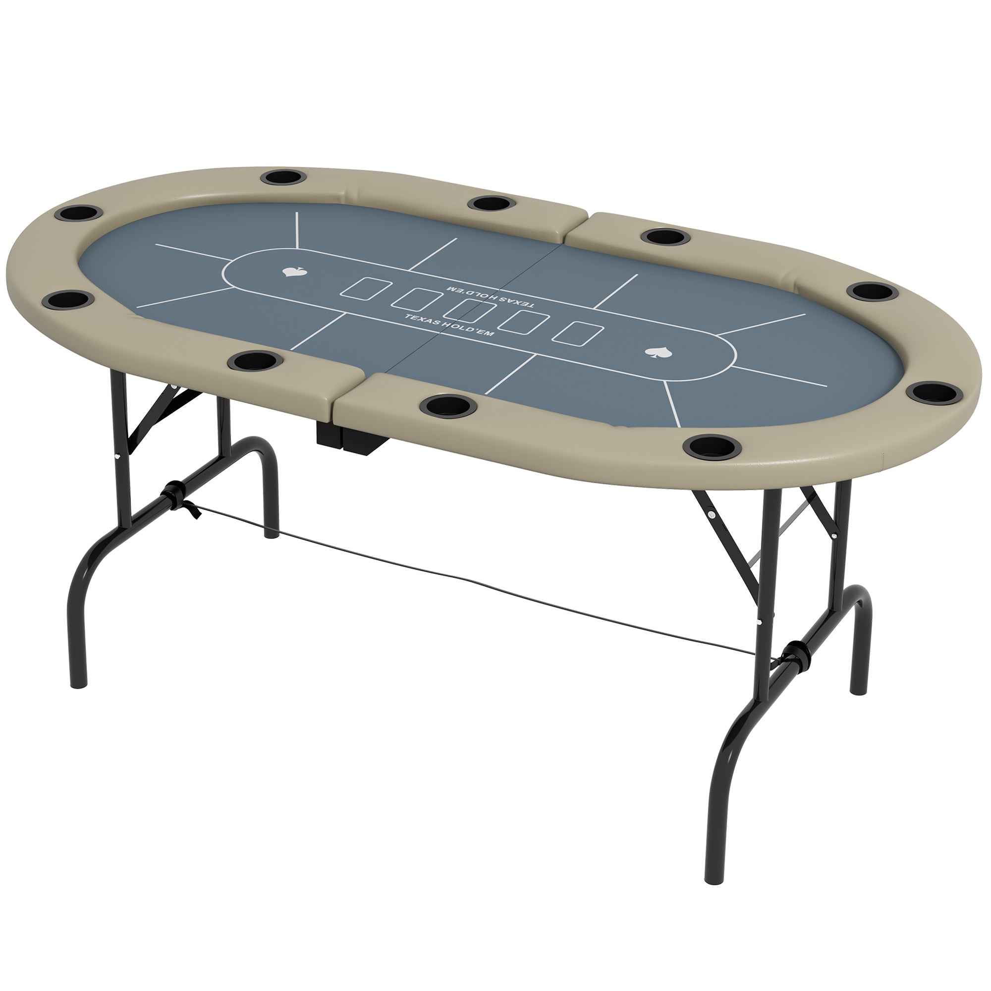 Gray 70-Inch Oval Foldable Poker Table Complete Product Overview with Beige Rail and Steel Legs Bear Dice
