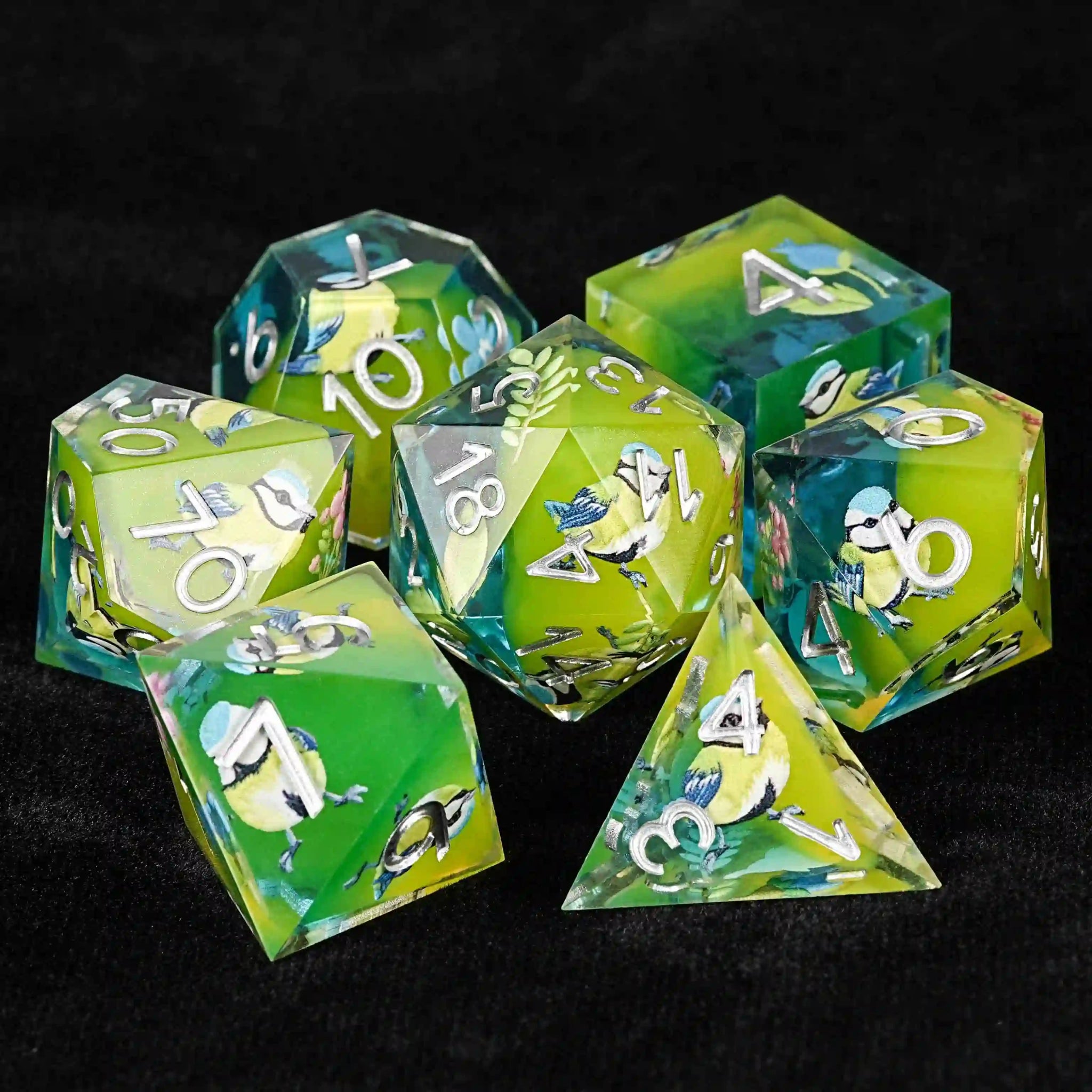 Green Bird Element Clear Resin DND Dice Set - Bear Dice