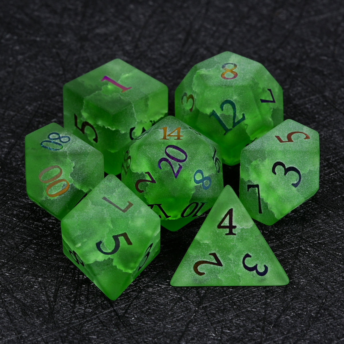 Seven-piece green crackle frosted glass dice set with electroplated numbers, including D4, D6, D8, D10, D100, D12, and D20.