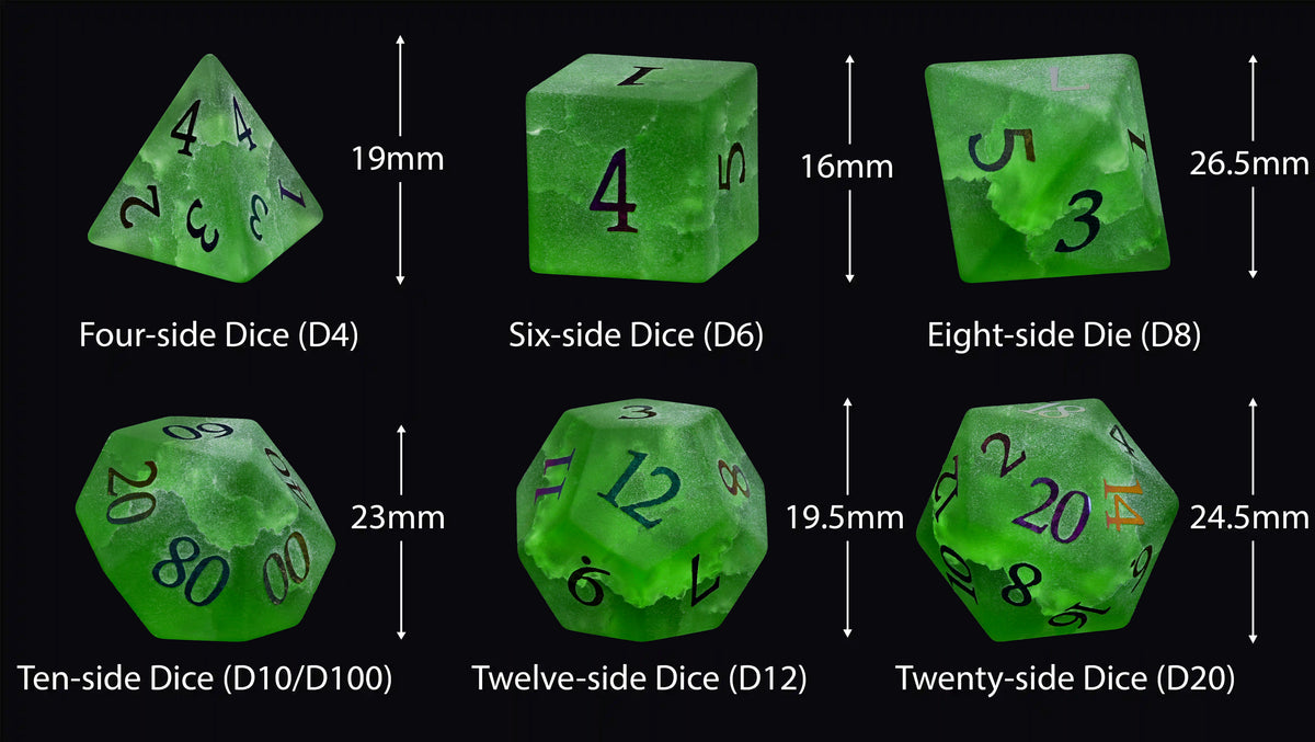 Size chart for green crackle frosted glass dice, showing D4, D6, D8, D10, D100, D12, and D20 with measurement arrows.