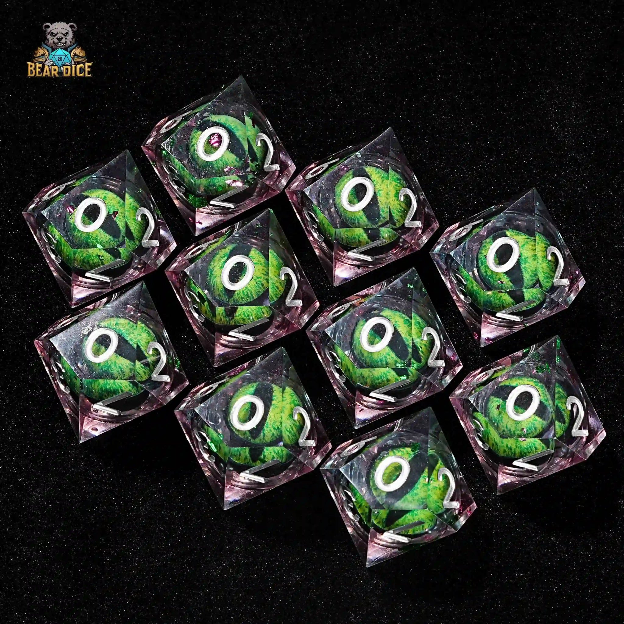 Green Dragon's Eye Kernel - Silver Font Resin Theme 10 Sided Dice (D10 Dice) - Bear Dice