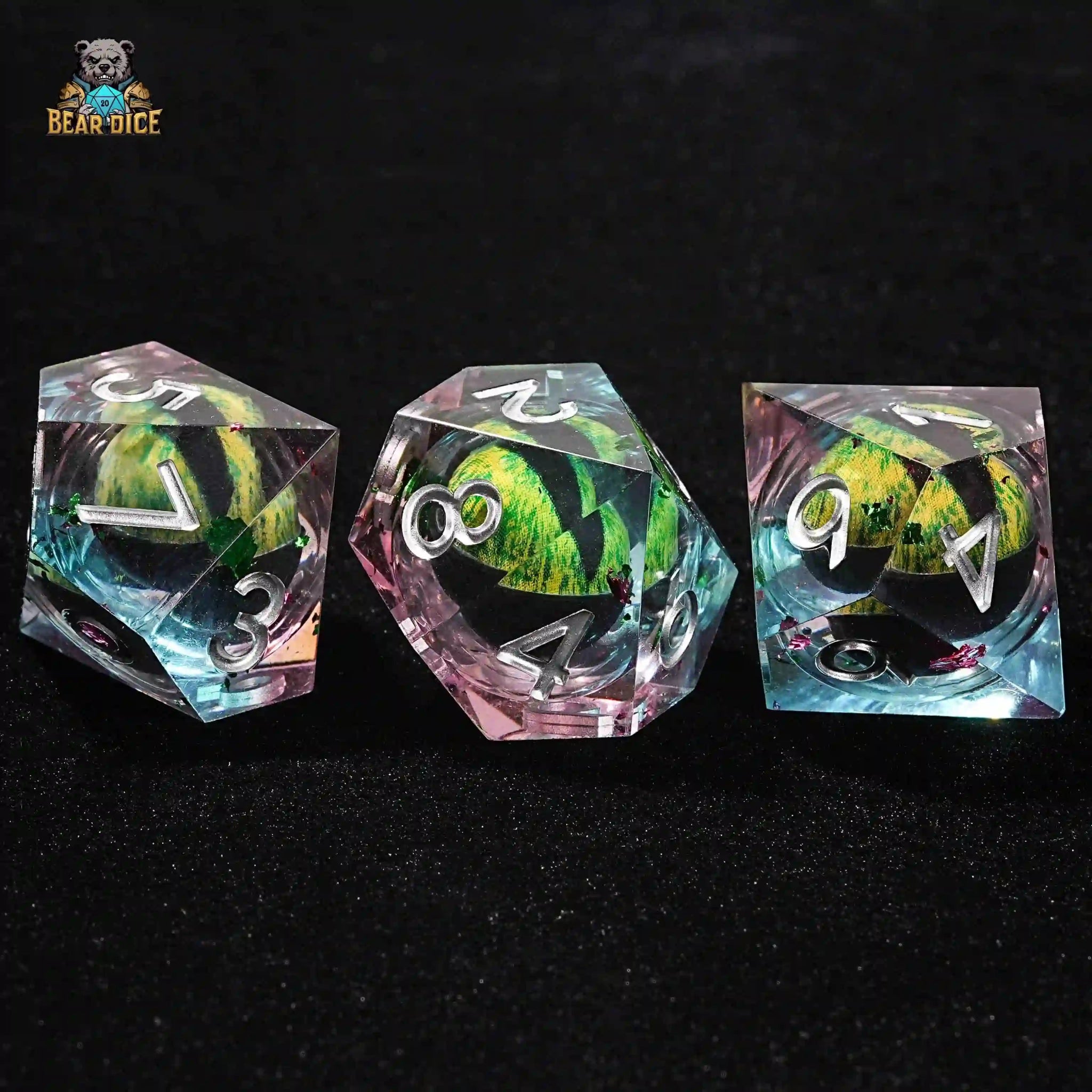 Green Dragon's Eye Kernel - Silver Font Resin Theme 10 Sided Dice (D10 Dice) - Bear Dice