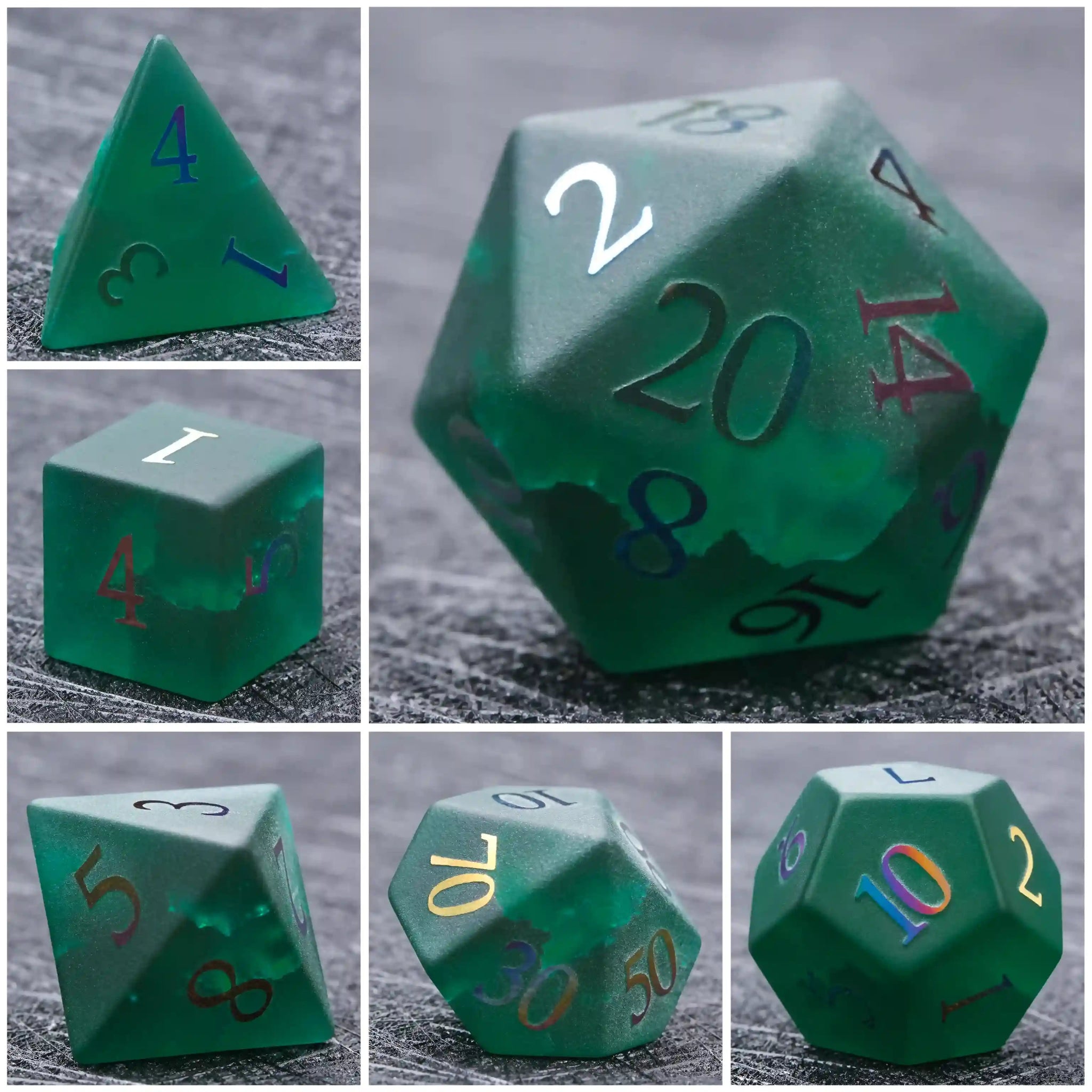 Green Glass Frosted Gem DND Dice Set + Colored Fonts - Bear Dice