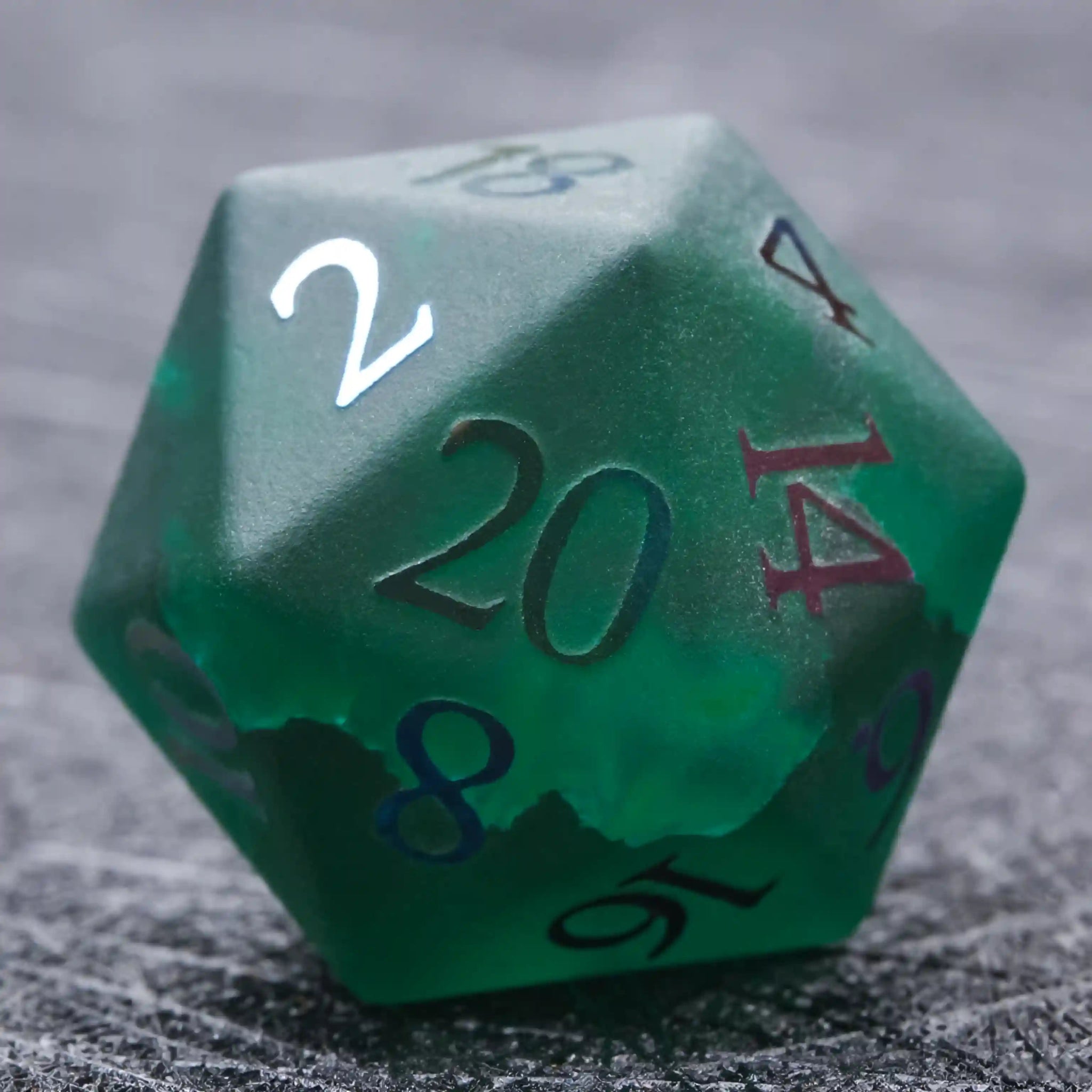 Green Glass Frosted Gem DND Dice Set + Colored Fonts - Bear Dice