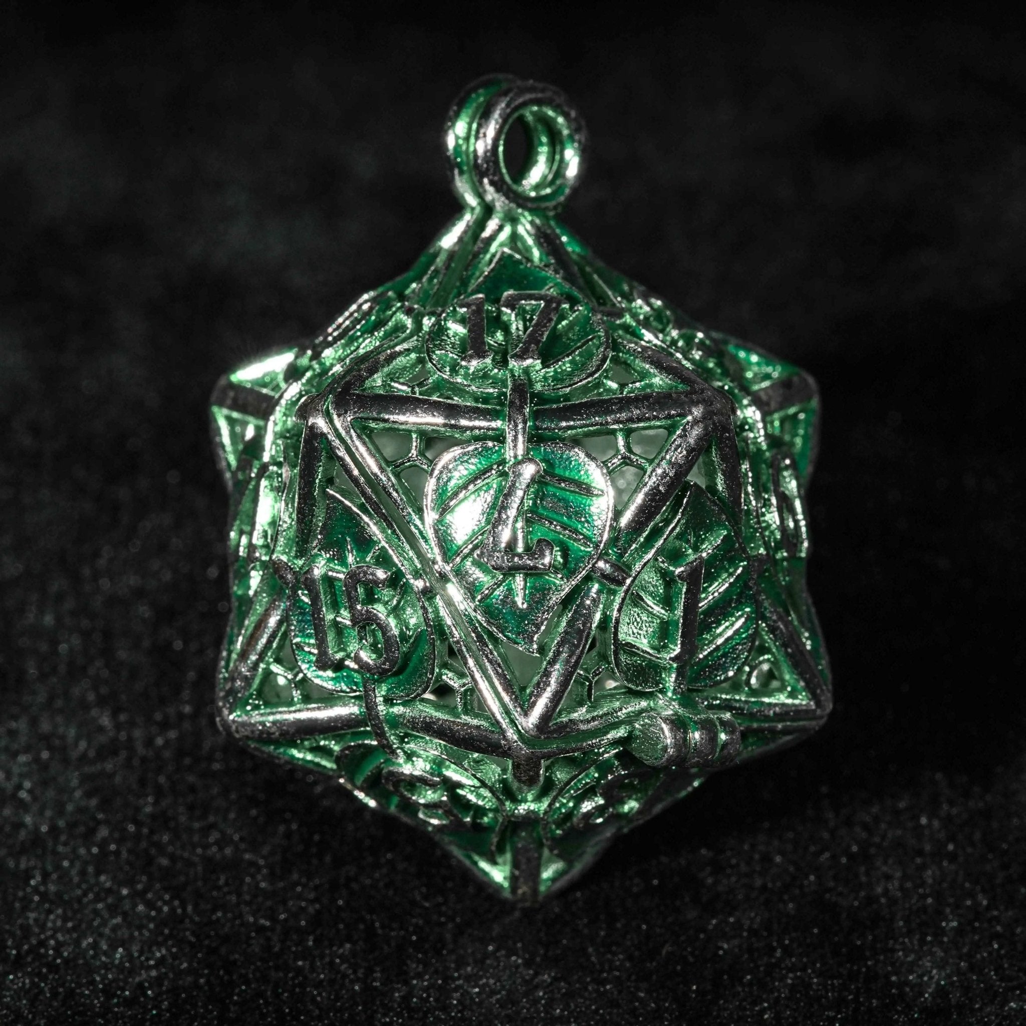 Green Leaf Hollow Metal D20 Dice Cage Necklace + 7 Metal Mini Dice Set - Bear Dice
