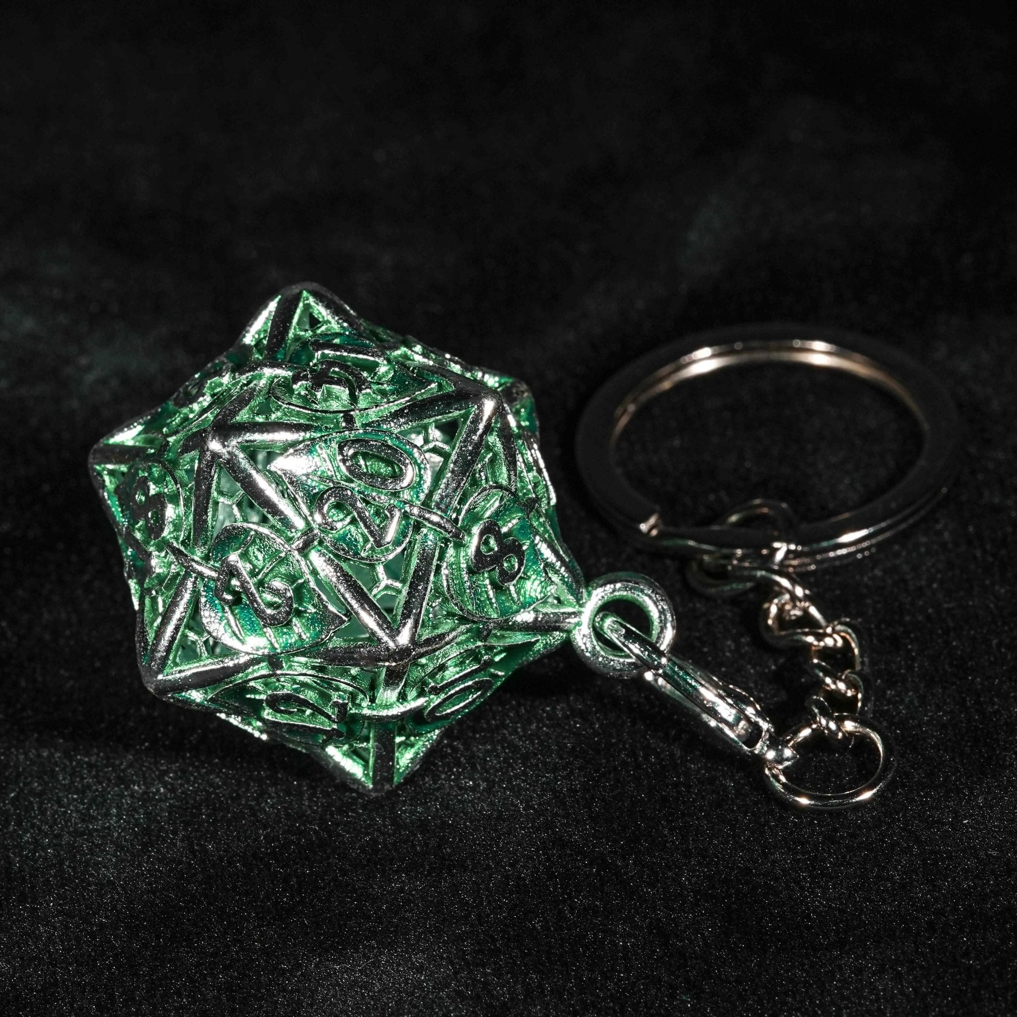 Green Leaf Hollow Metal D20 Dice Cage Necklace + 7 Metal Mini Dice Set - Bear Dice