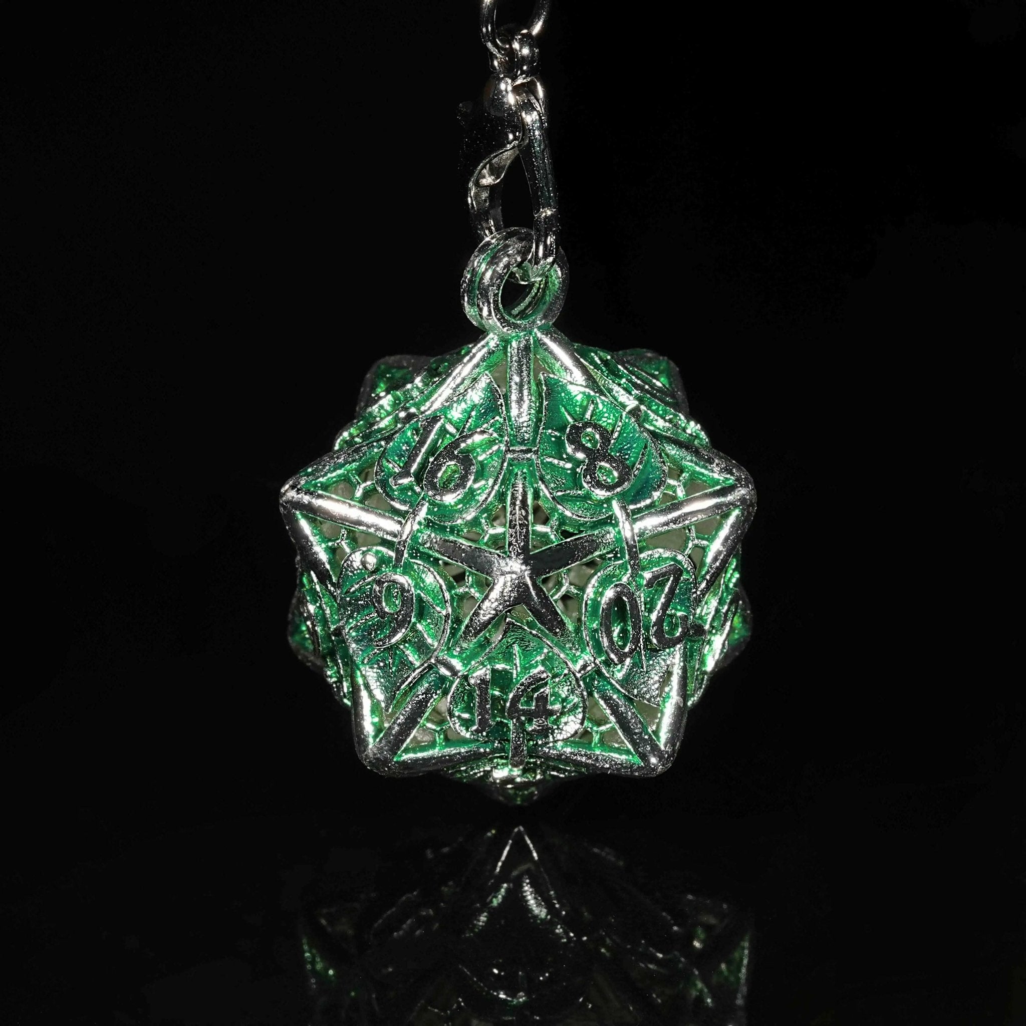 Green Leaf Hollow Metal D20 Dice Cage Necklace + 7 Metal Mini Dice Set - Bear Dice