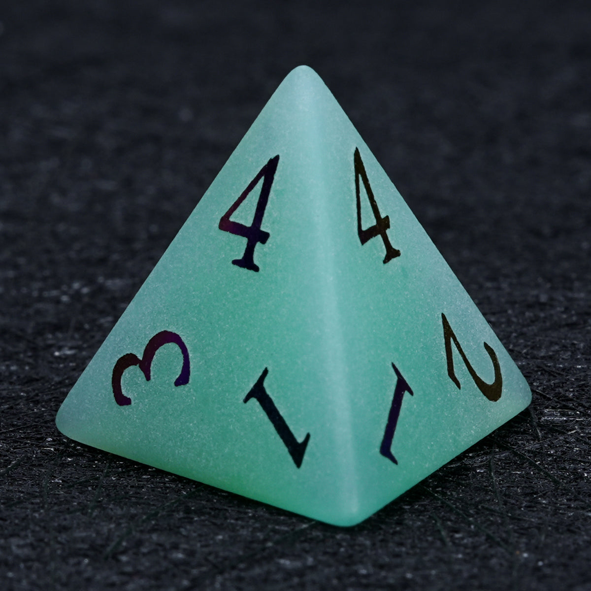 int green opal D4 dice with colorful numbers - Bear Dice