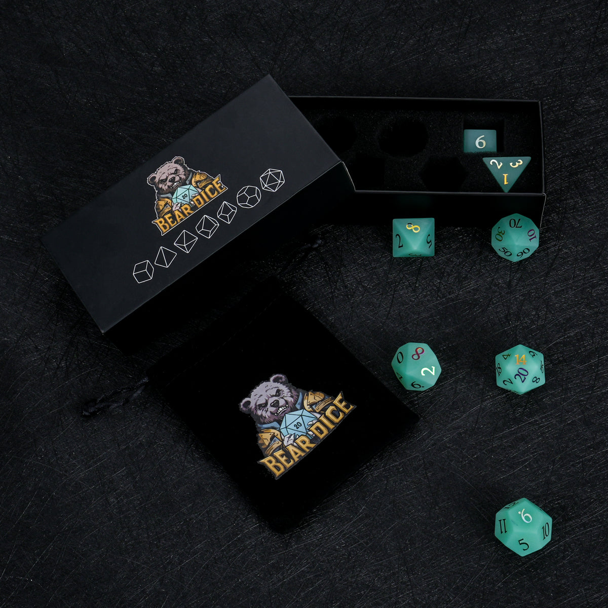 Mint green opal dice set displayed with Bear Dice branded packaging