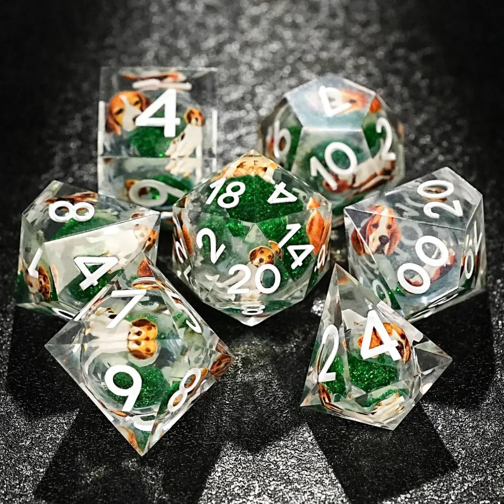 Green Resin D&D Dice Set - Beagle Design - Bear Dice