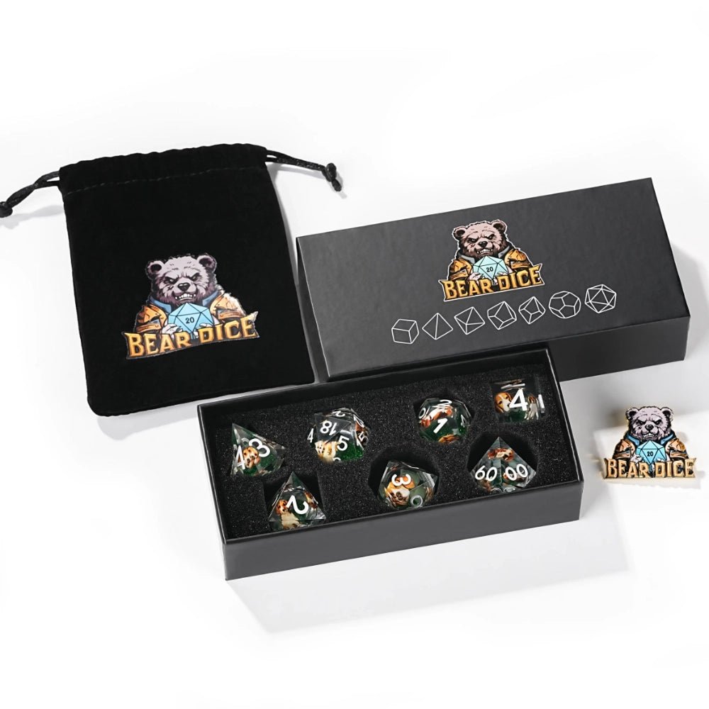 Green Resin D&D Dice Set - Beagle Design - Bear Dice