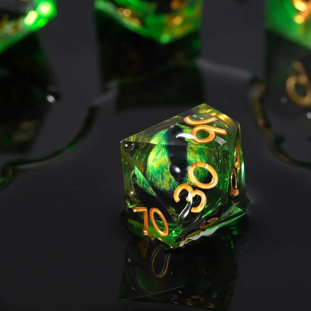 Green Sharp Edge Liquid Core Dragon Eye Resin DND Dice Set + Gold Font - Bear Dice