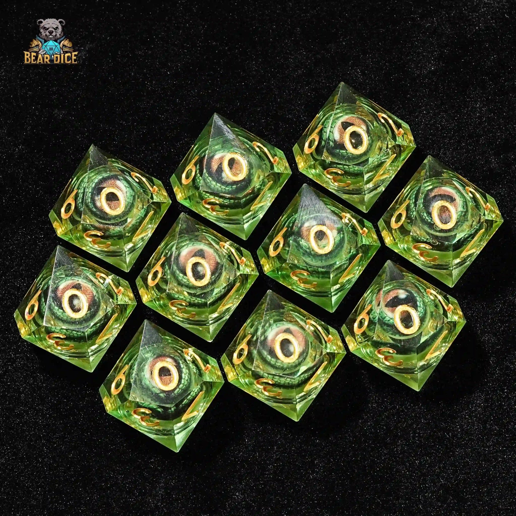 Green transparent resin D10 dice - crocodile eye liquid core ten - sided dice - Bear Dice
