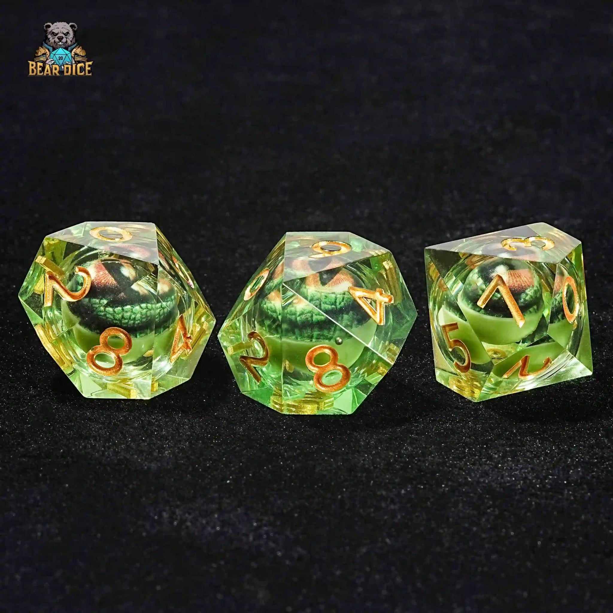 Green transparent resin D10 dice - crocodile eye liquid core ten - sided dice - Bear Dice