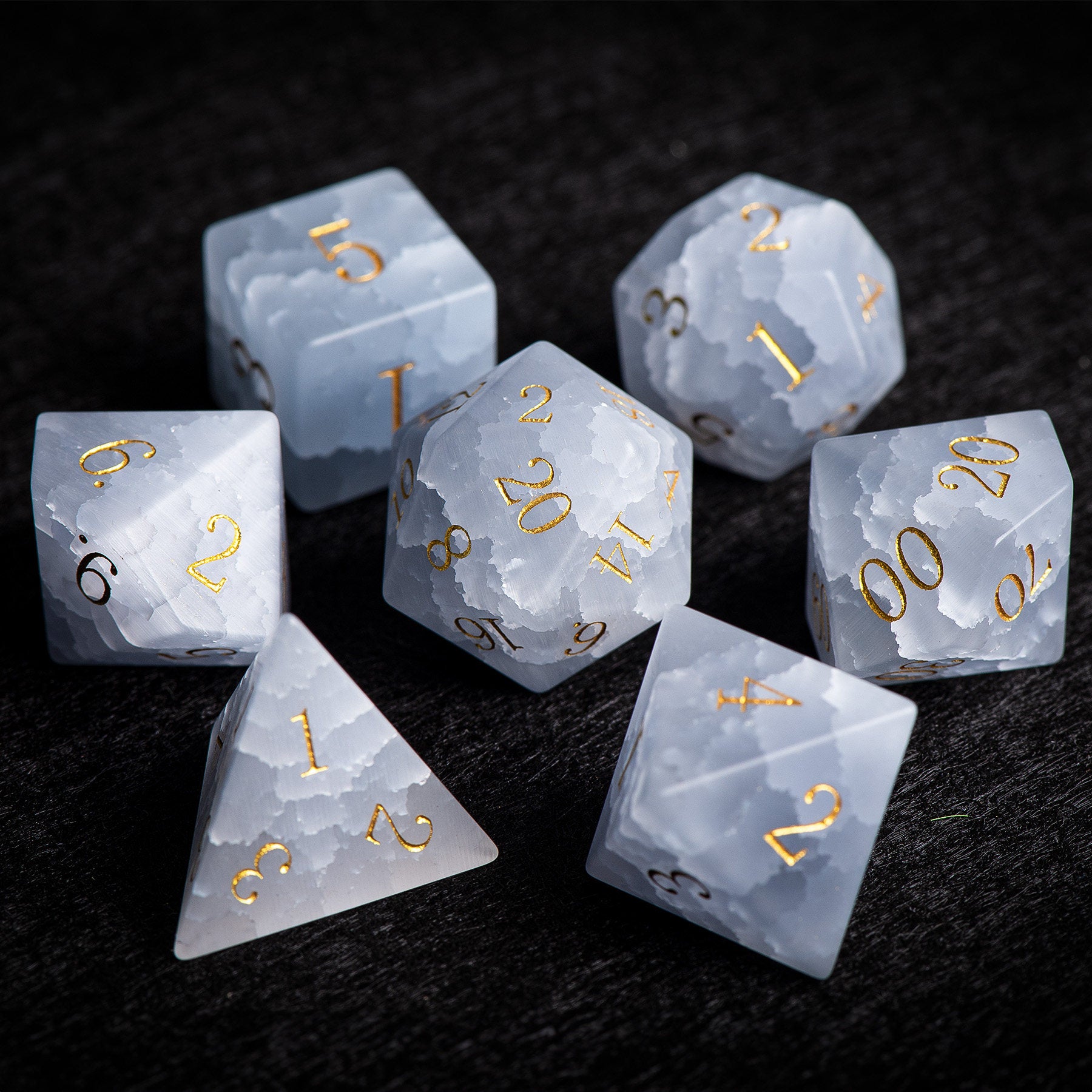 Grey-White Cat's Eye gemstone dice full polyhedral set including D4 D6 D8 D10 D12 D20 | Bear Dice
