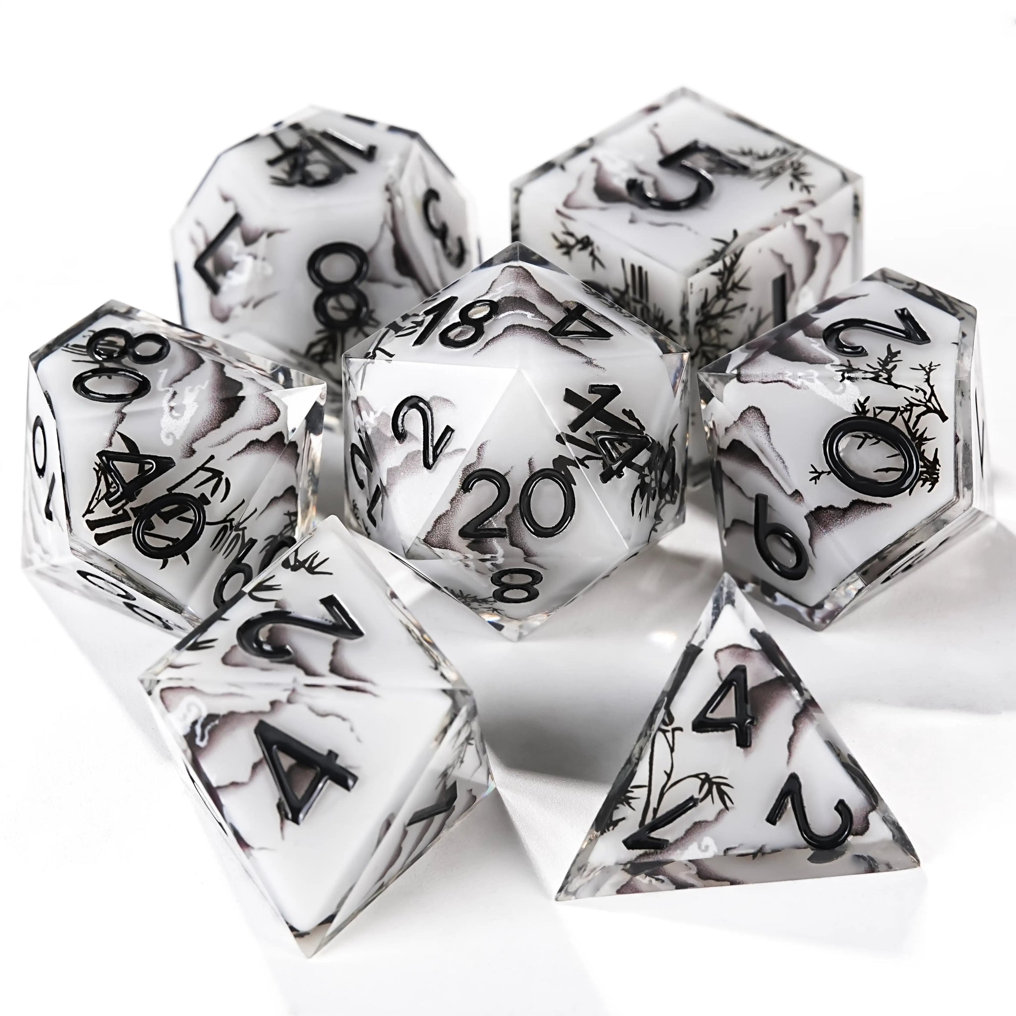 Handmade Ink Painting Style Resin D&D Dice Set - Bear Dice