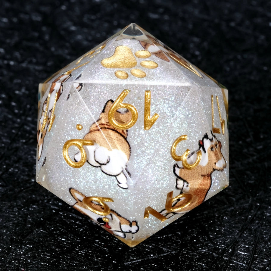 Kickstarter Dice – Handcrafted Sharp-Edged White Glitter Resin Corgi DND D20 Dice with Gold Paw Prints on the "1" Face | Bear Dice