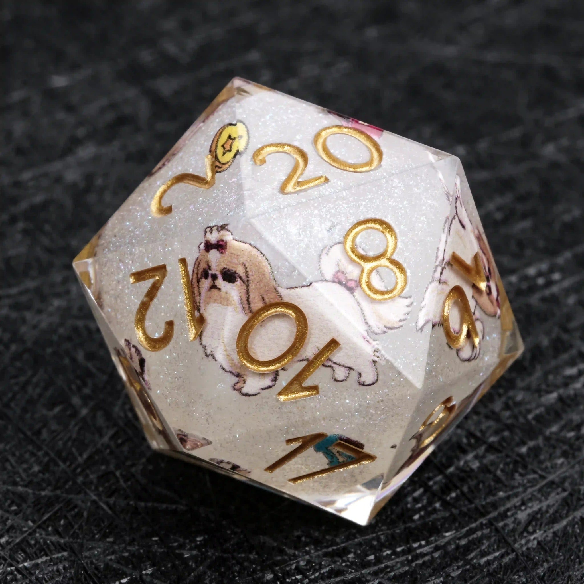 Kickstarter Dice – White Glitter Resin Shih Tzu DND D20 Dice with Gold Numbers | Bear Dice