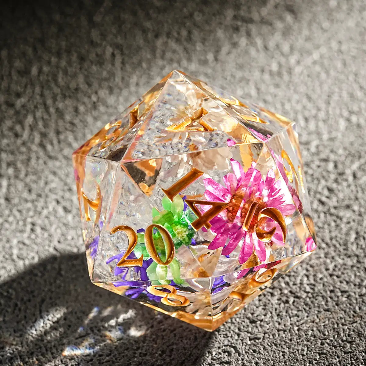 Colorful Dried Flower Inlaid Transparent Resin DND D20 Dice + Gold Font | Bear Dice