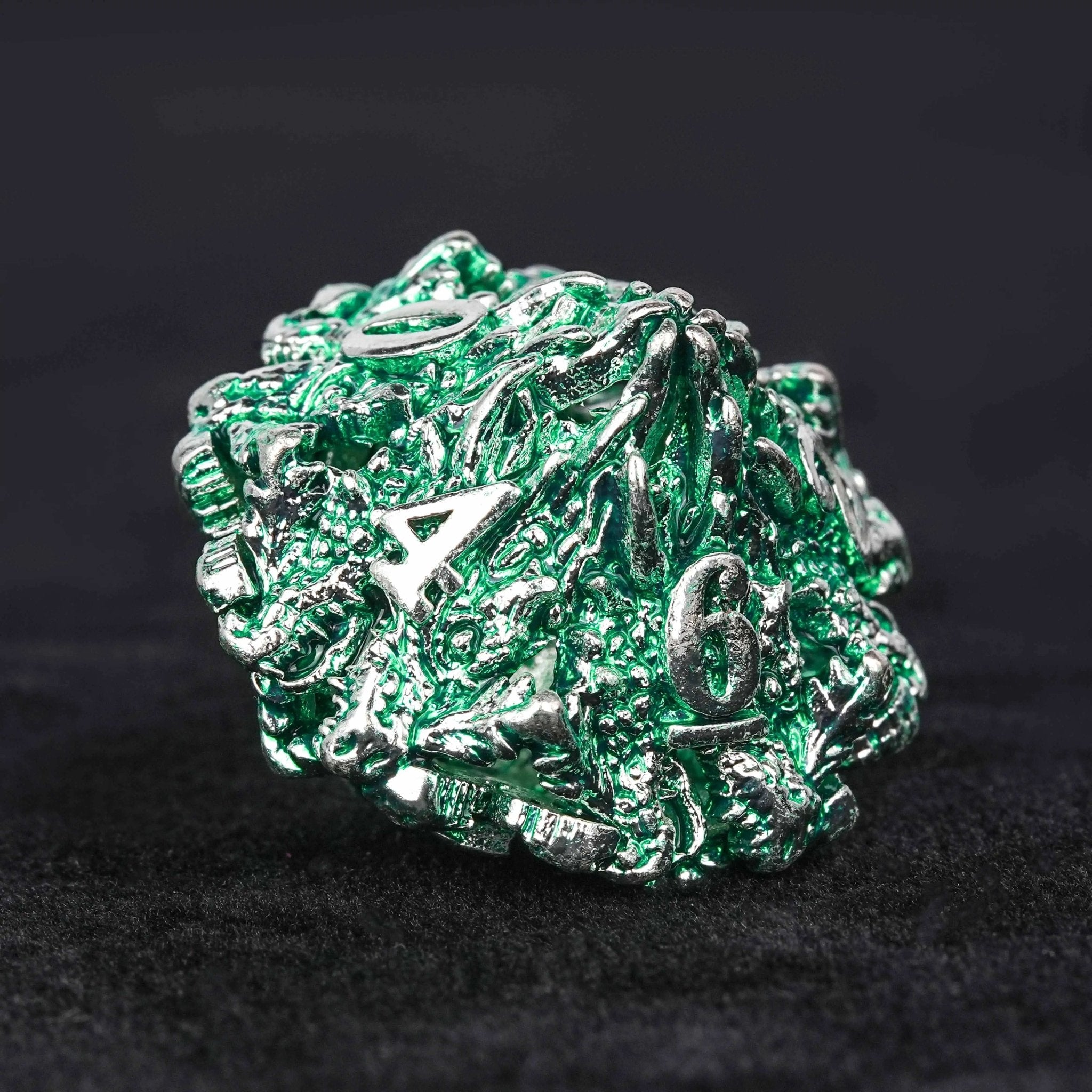 Irregular Skeleton Metal Dragon Polyhedron DND Dice Set + Silver Green - Bear Dice