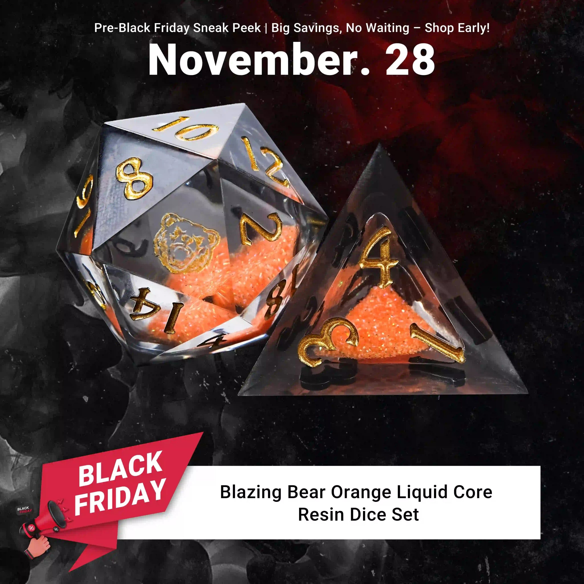 Kickstarter Dice - Blazing Bear Orange Liquid Core Resin Dice Set - Bear Dice