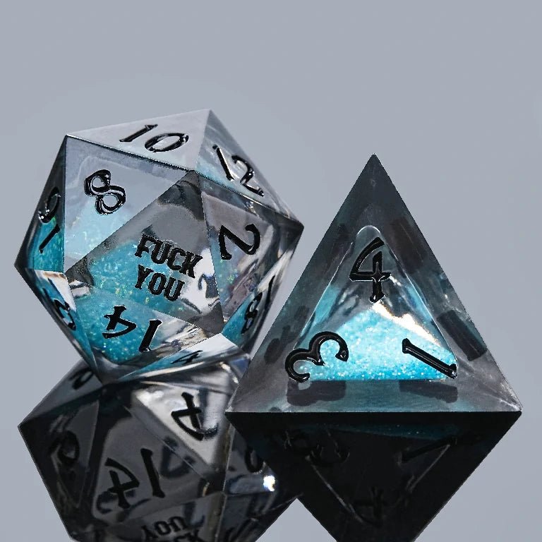 Kickstarter Dice - Blue Liquid Core Resin Dice Set With Engraved Text - Bear Dice