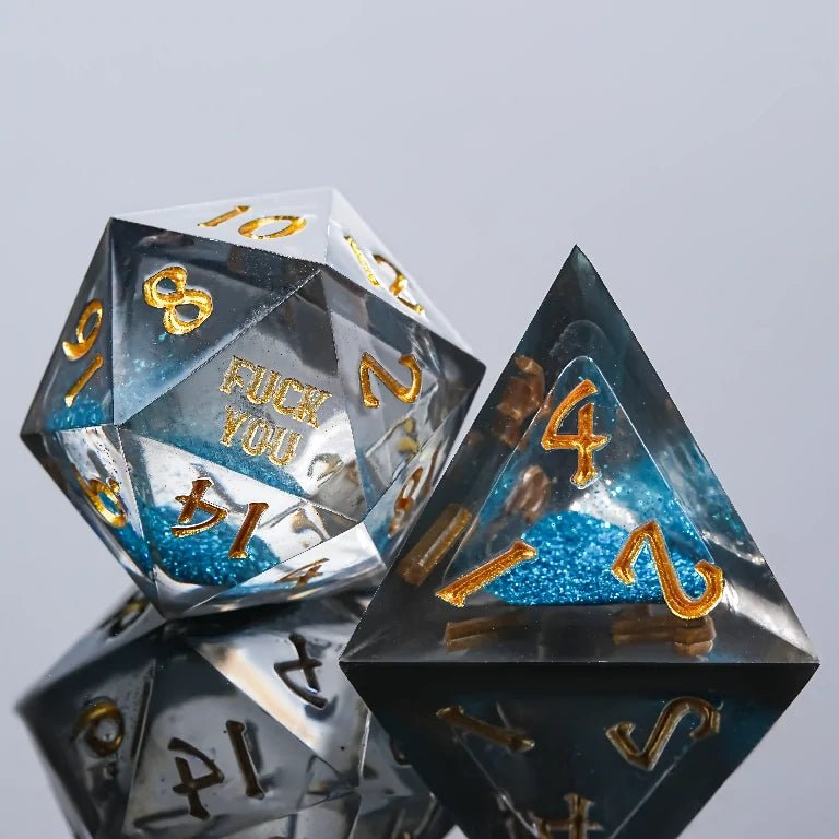 Kickstarter Dice - Blue Liquid Core Resin Dice Set With Engraved Text - Bear Dice