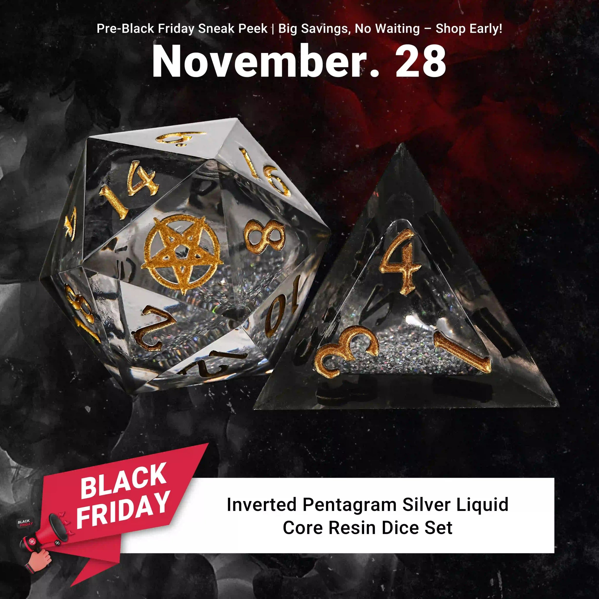 Kickstarter Dice - Inverted Pentagram Silver Liquid Core Resin Dice Set - Bear Dice