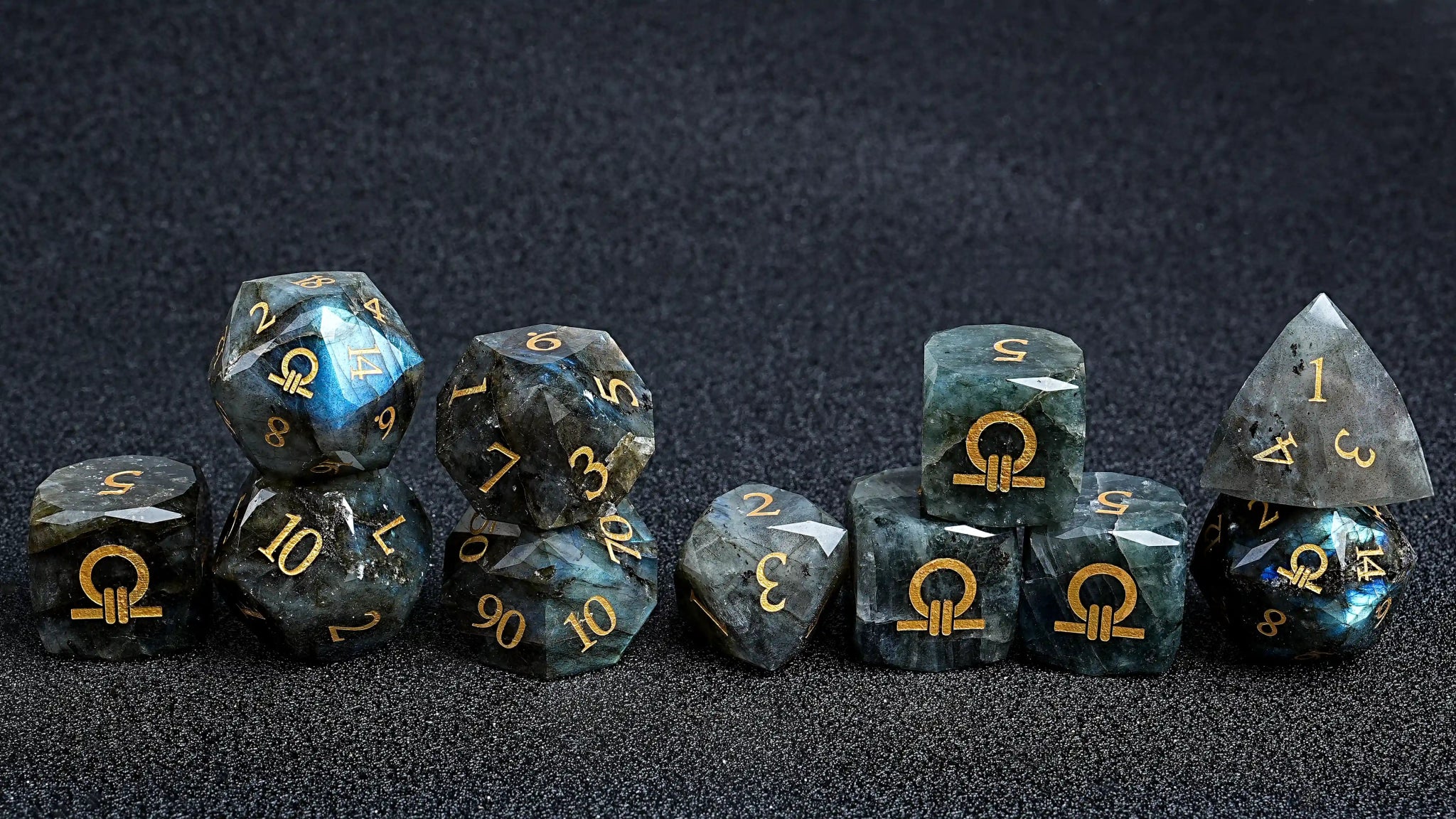 Kickstarter Dice - Natural Labradorite DND Gem Dice Set - Ring of Order - Bear Dice