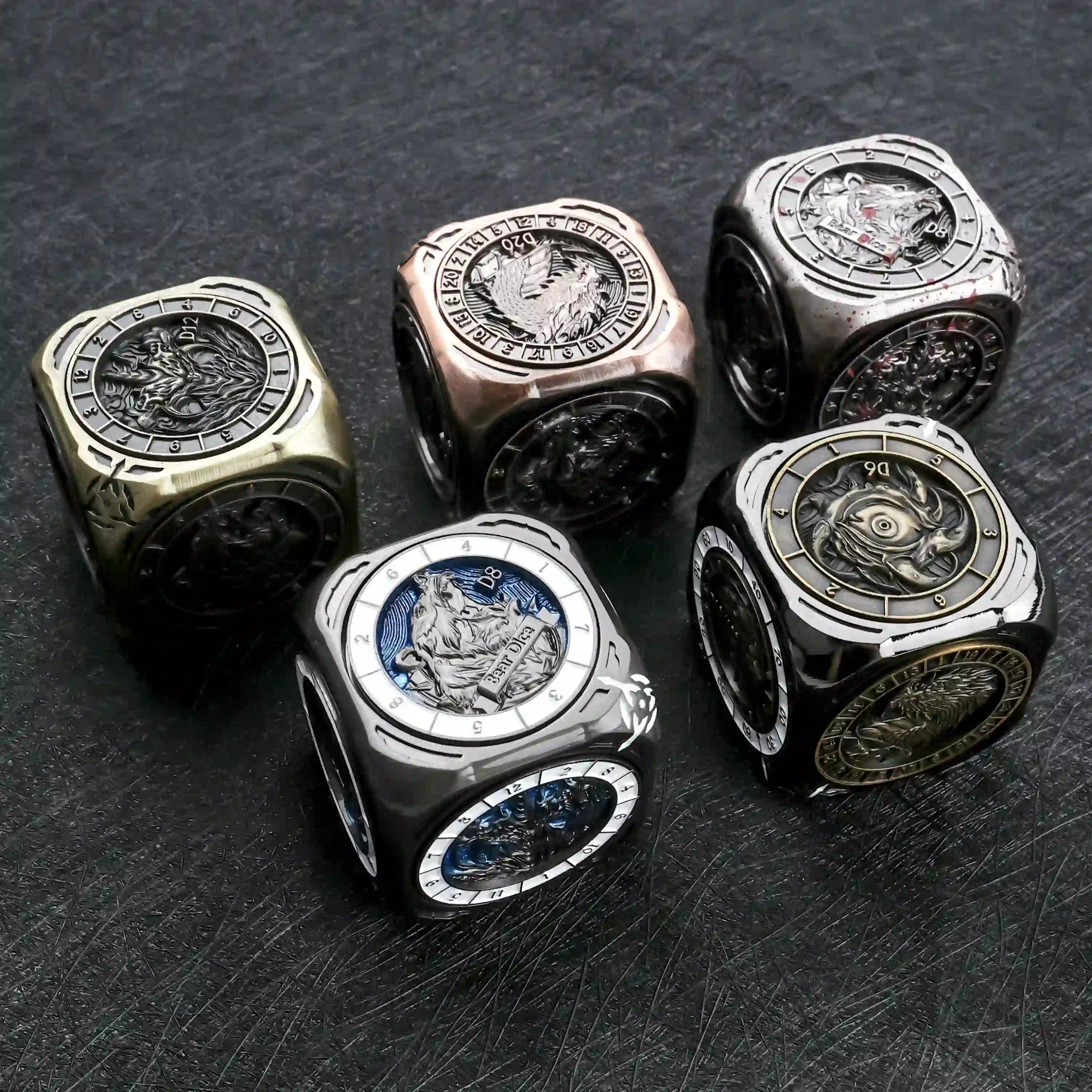 This unique 7-in-1 metal D6 spinning die combines D4, D6, D8, D10, D%, D12, and D20 into a single hexahedral spinning die. Available in 5 colors and styles. | Bear Dice