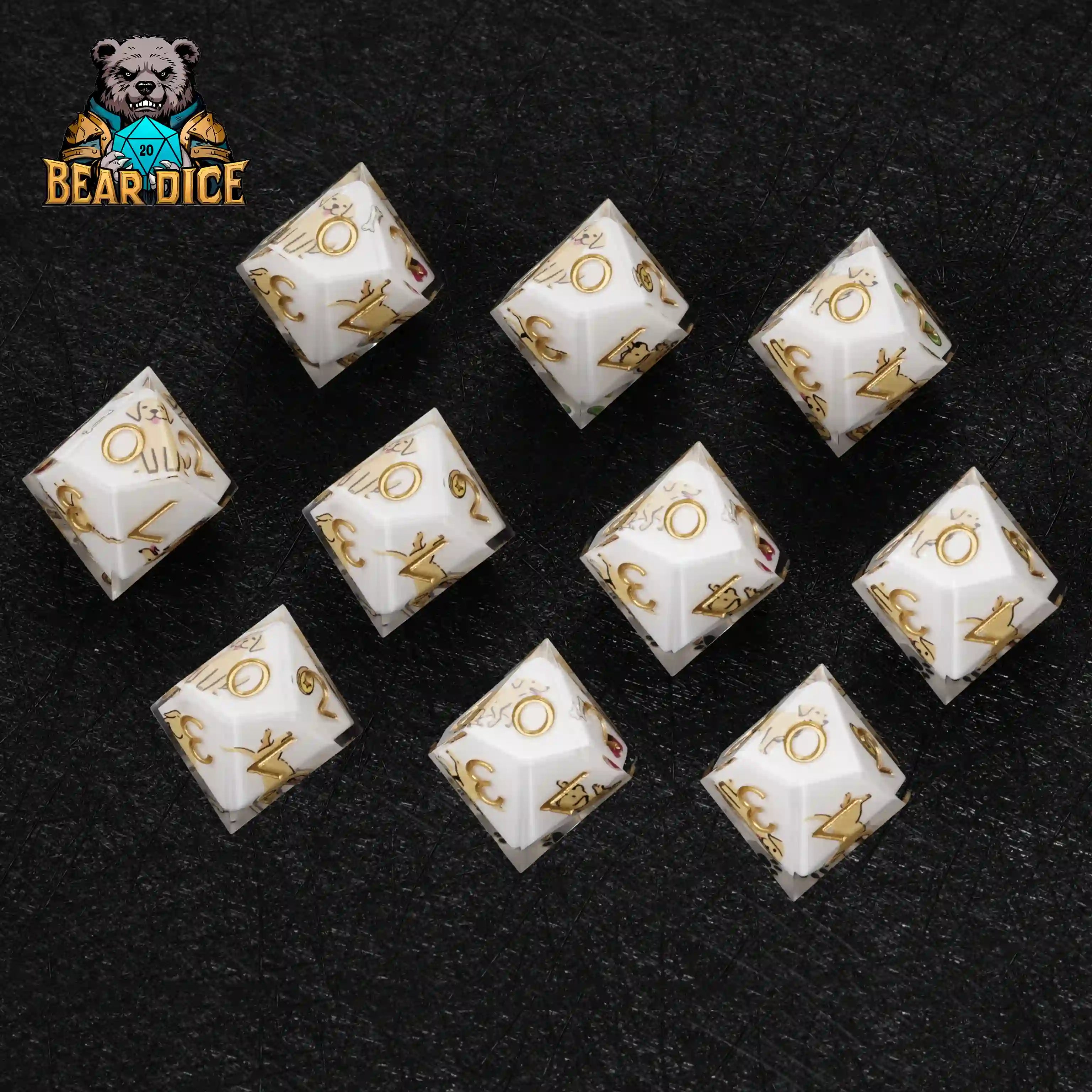Top view of 1 Labrador White Resin D10 Dice with gold numerals, 10-sided dog-themed dice for tabletop RPGs, collectible and durable | Bear Dice