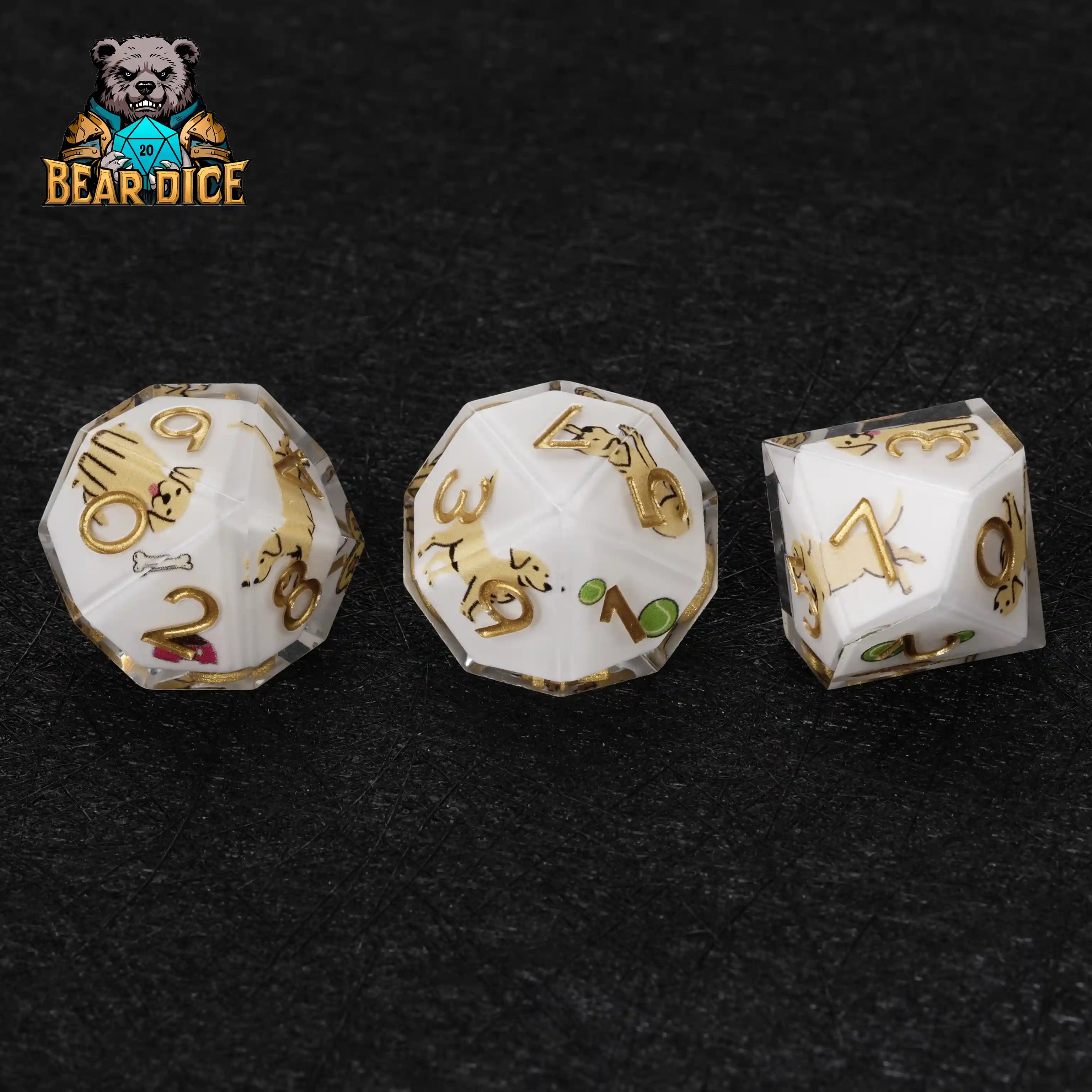 Close-up of Labrador White Resin D10 die showing sculpted Labrador design, gold engraved numerals, high-quality resin material, perfect for D&D and RPG gameplay | Bear Dice