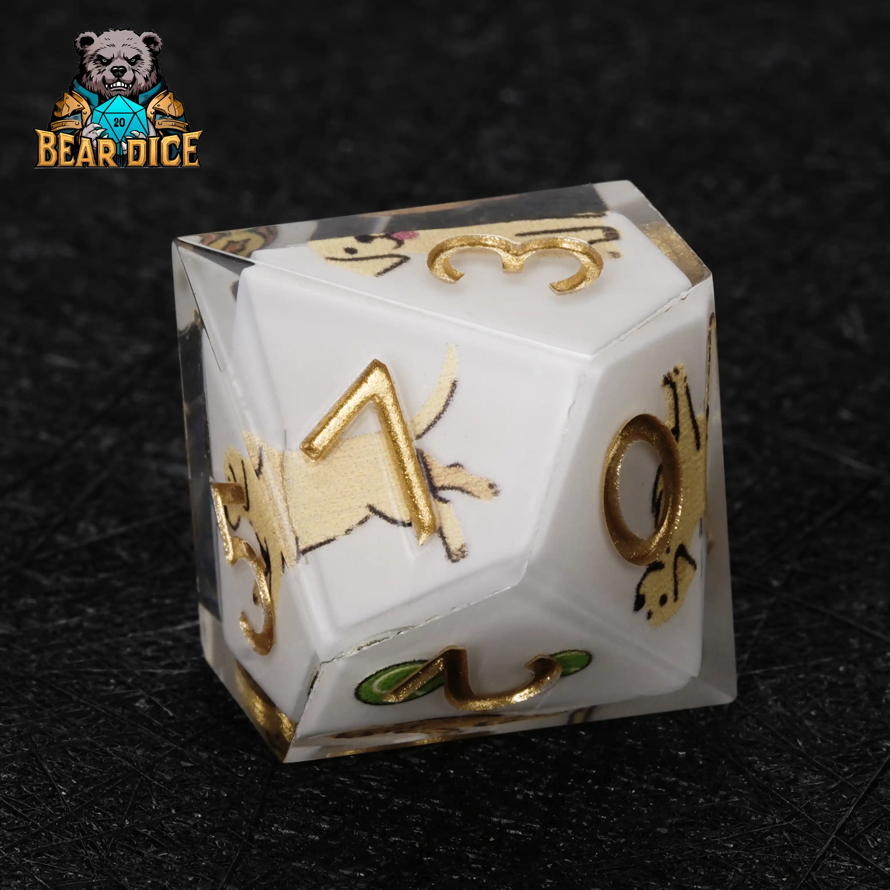 Close-up of a Labrador White Resin D10 die showing gold numerals and Labrador dog design | Bear Dice
