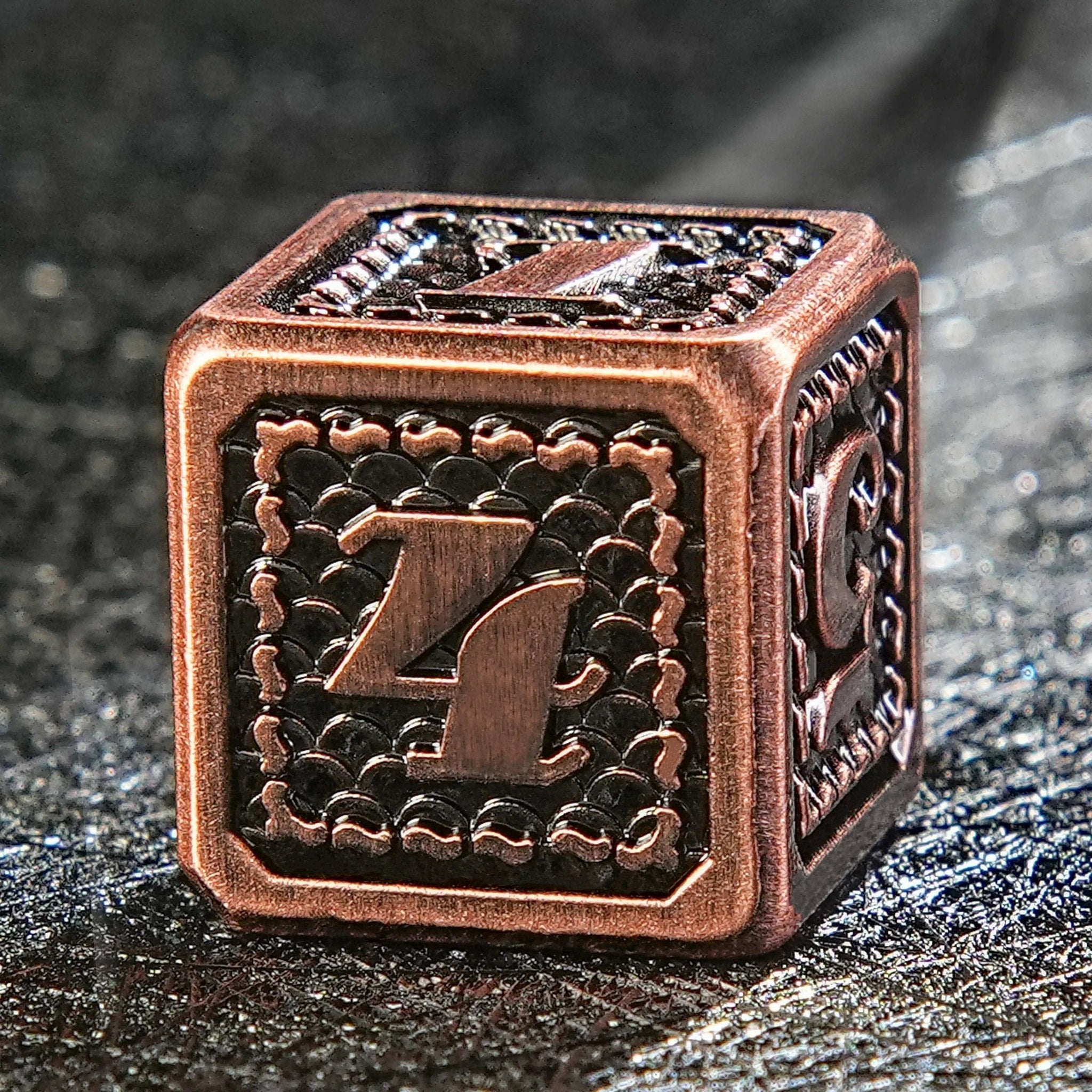Metal solid dragon scale pattern ancient red copper dice set - Bear Dice