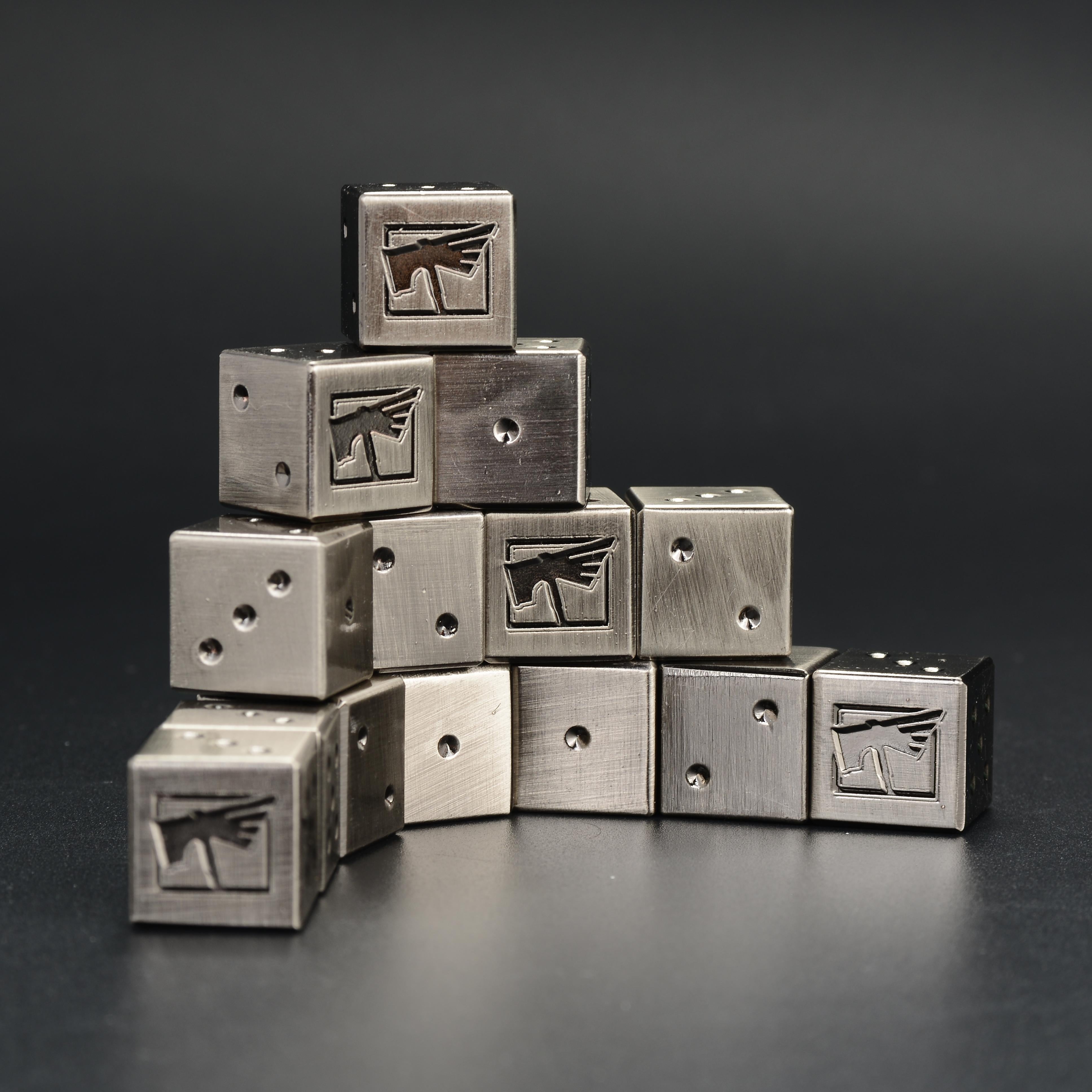 Metal Warhammer 40K D6 Dice group arrangement showing brushed steel texture and pip detail | Bear Dice