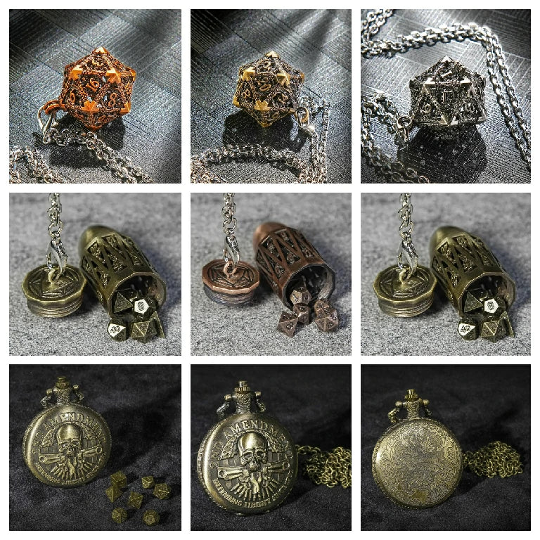 D20 Dice Cage Necklace / Keychain + Mini Metal Dice Set