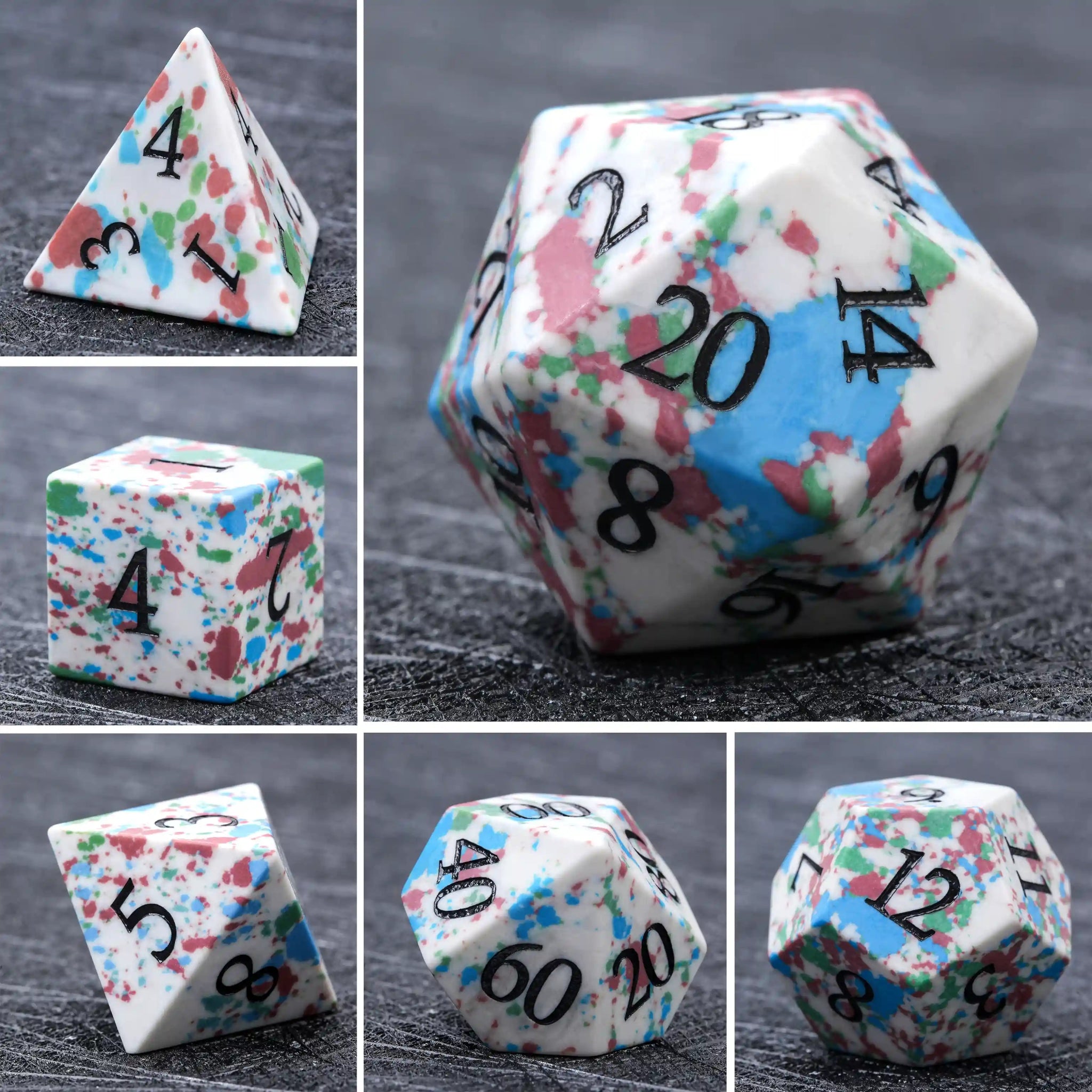Natural color spotted gemstone DND dice set + black font - Bear Dice