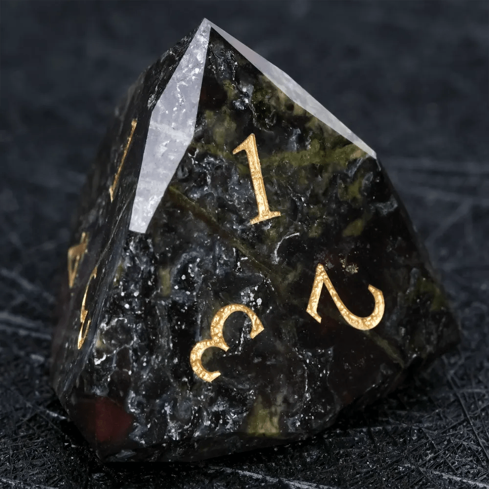 Natural Colored Ore Gemstone Dice Set | Diamond Cut Gold Engraving DND Board Game Dice - Bear Dice
