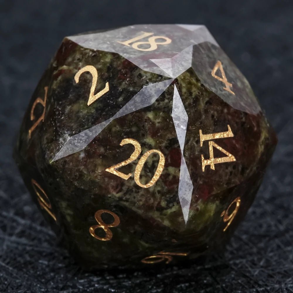 Natural Colored Ore Gemstone Dice Set | Diamond Cut Gold Engraving DND Board Game Dice - Bear Dice