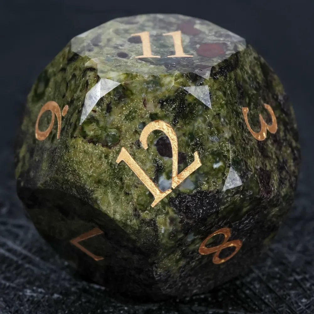 Natural Colored Ore Gemstone Dice Set | Diamond Cut Gold Engraving DND Board Game Dice - Bear Dice