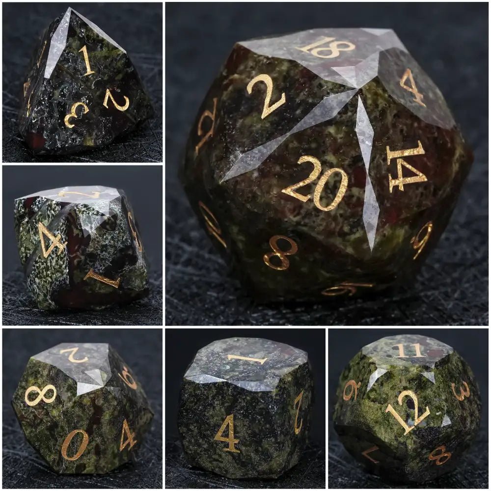 Natural Colored Ore Gemstone Dice Set | Diamond Cut Gold Engraving DND Board Game Dice - Bear Dice