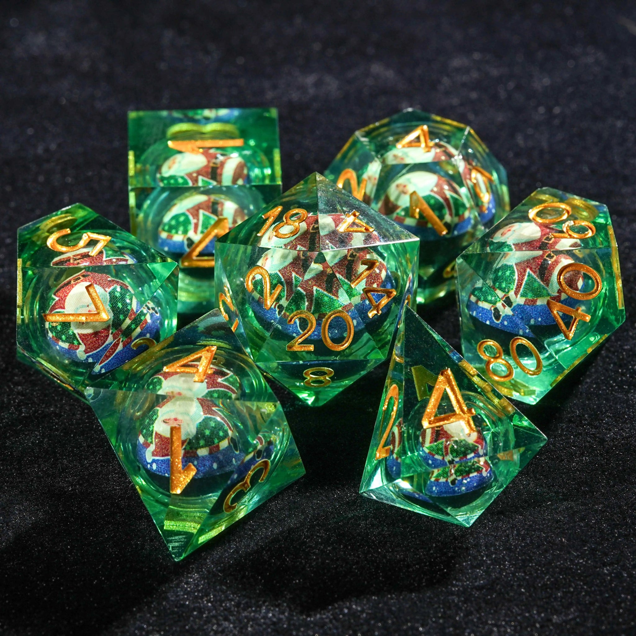 Night of Carnival - Green Resin Christmas Kernel Dice Set + Gold Font - Bear Dice