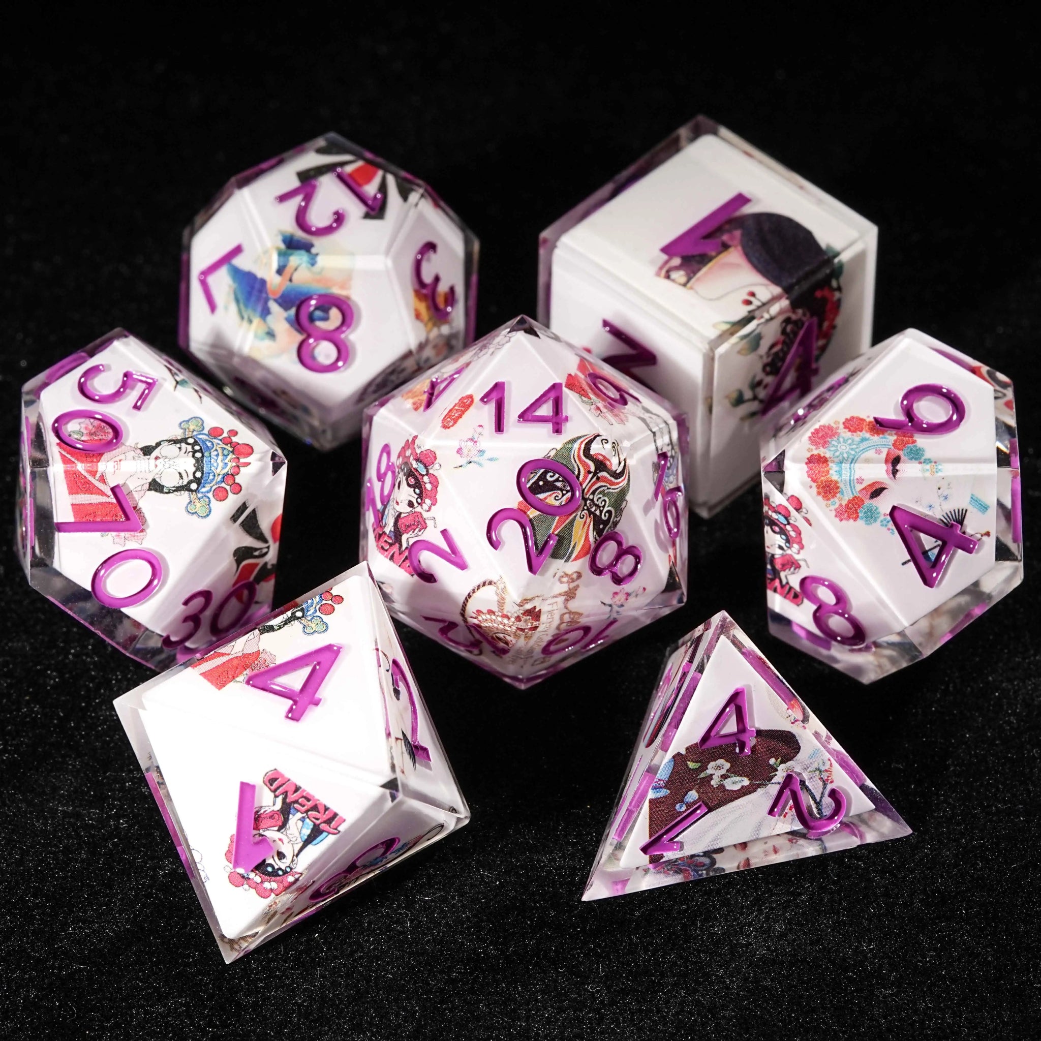Oriental Culture - White Resin DND Dice Set + Purple Font - Bear Dice