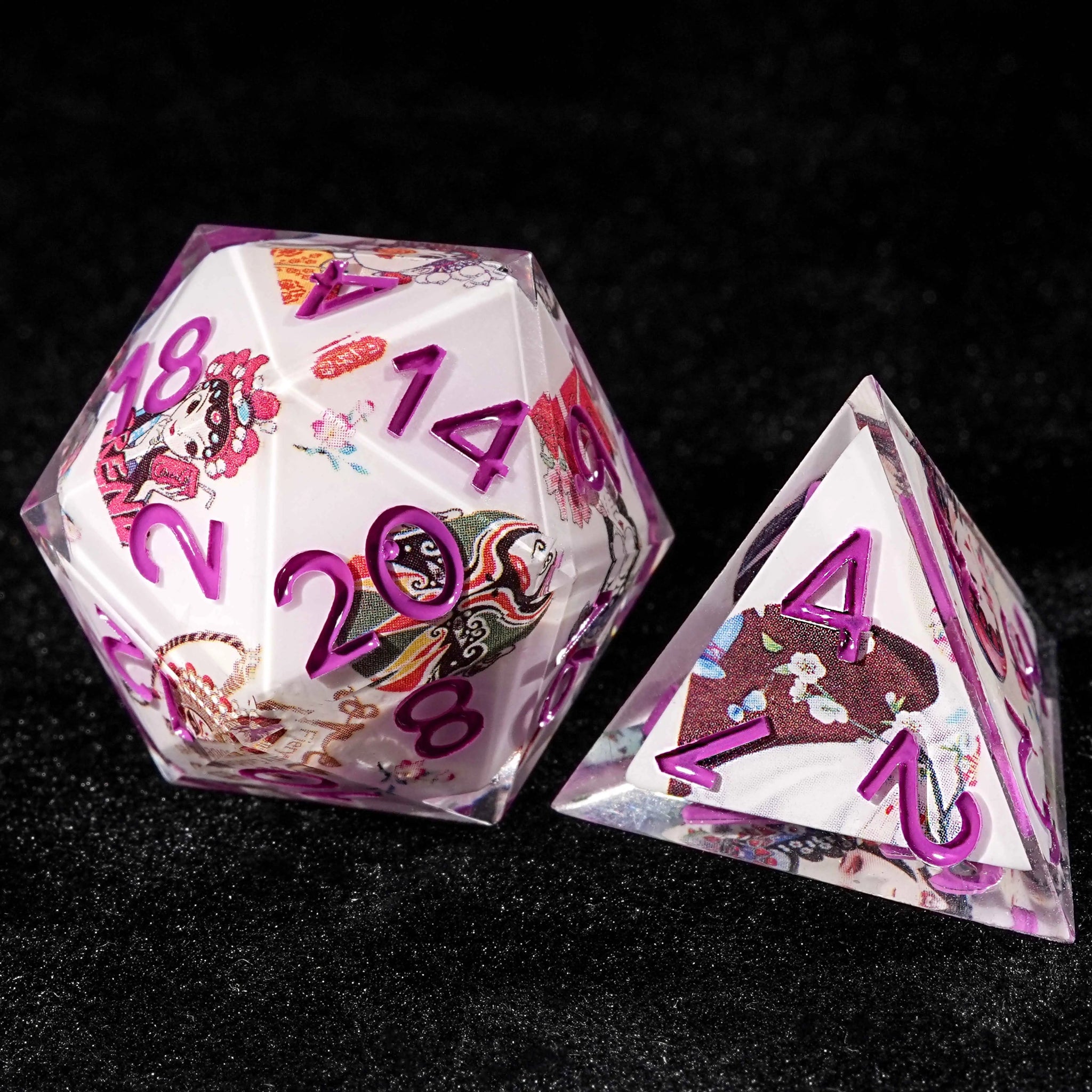 Oriental Culture - White Resin DND Dice Set + Purple Font - Bear Dice