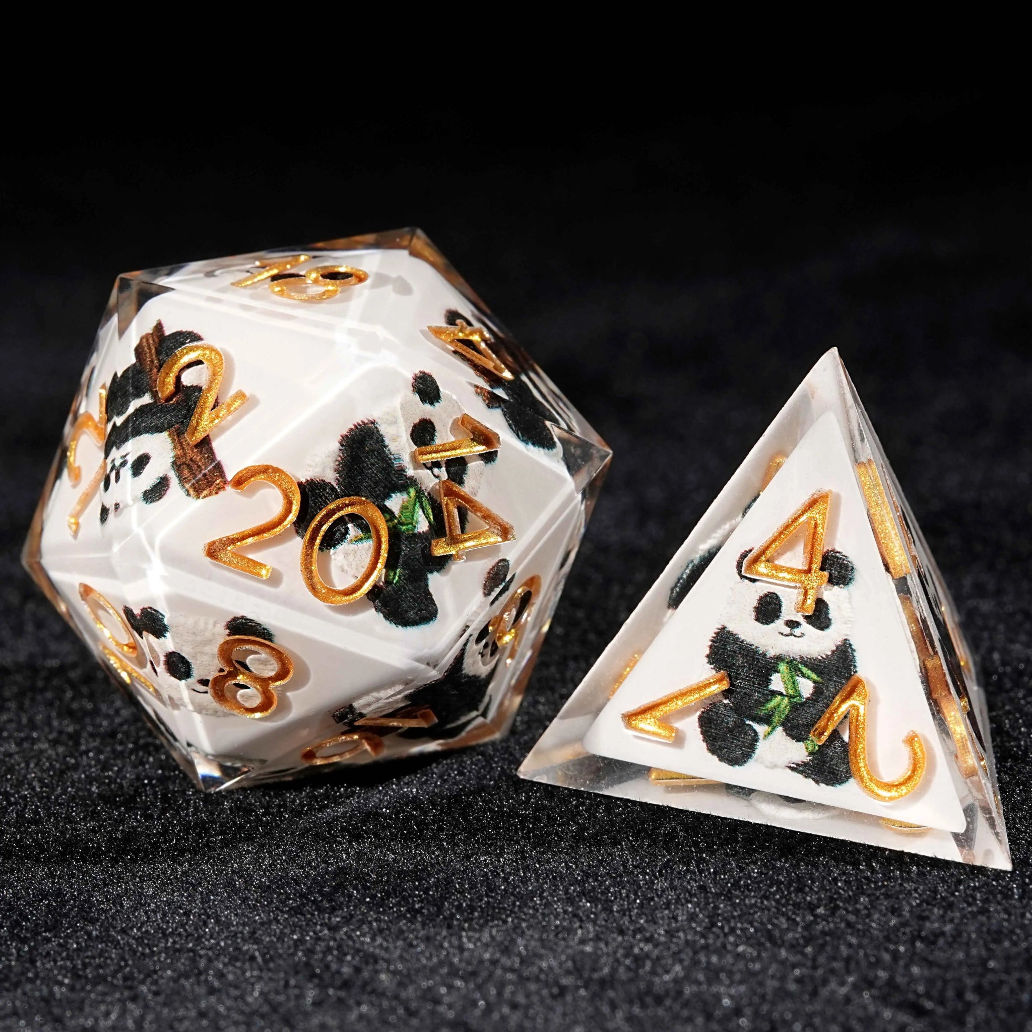 Panda Martial Monk - White Resin dnd Dice Set + Gold Font - Bear Dice
