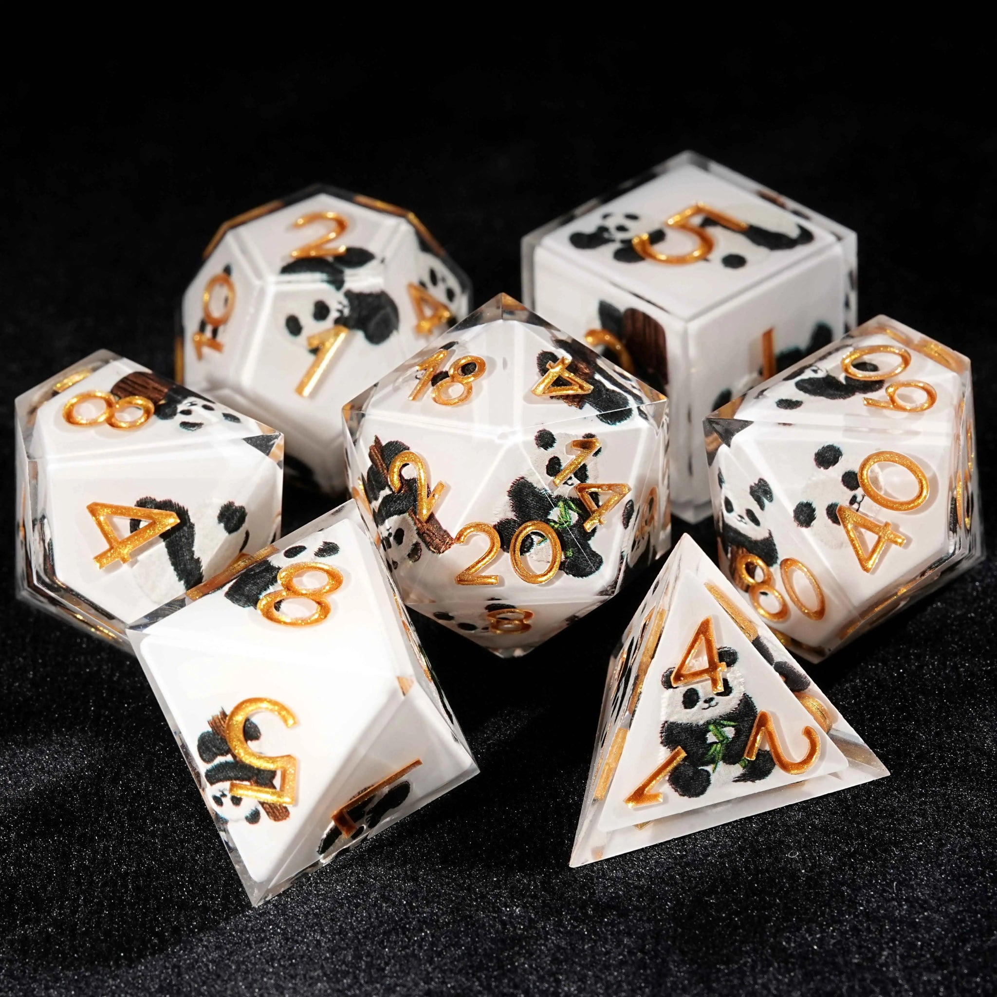 Panda Martial Monk - White Resin dnd Dice Set + Gold Font - Bear Dice