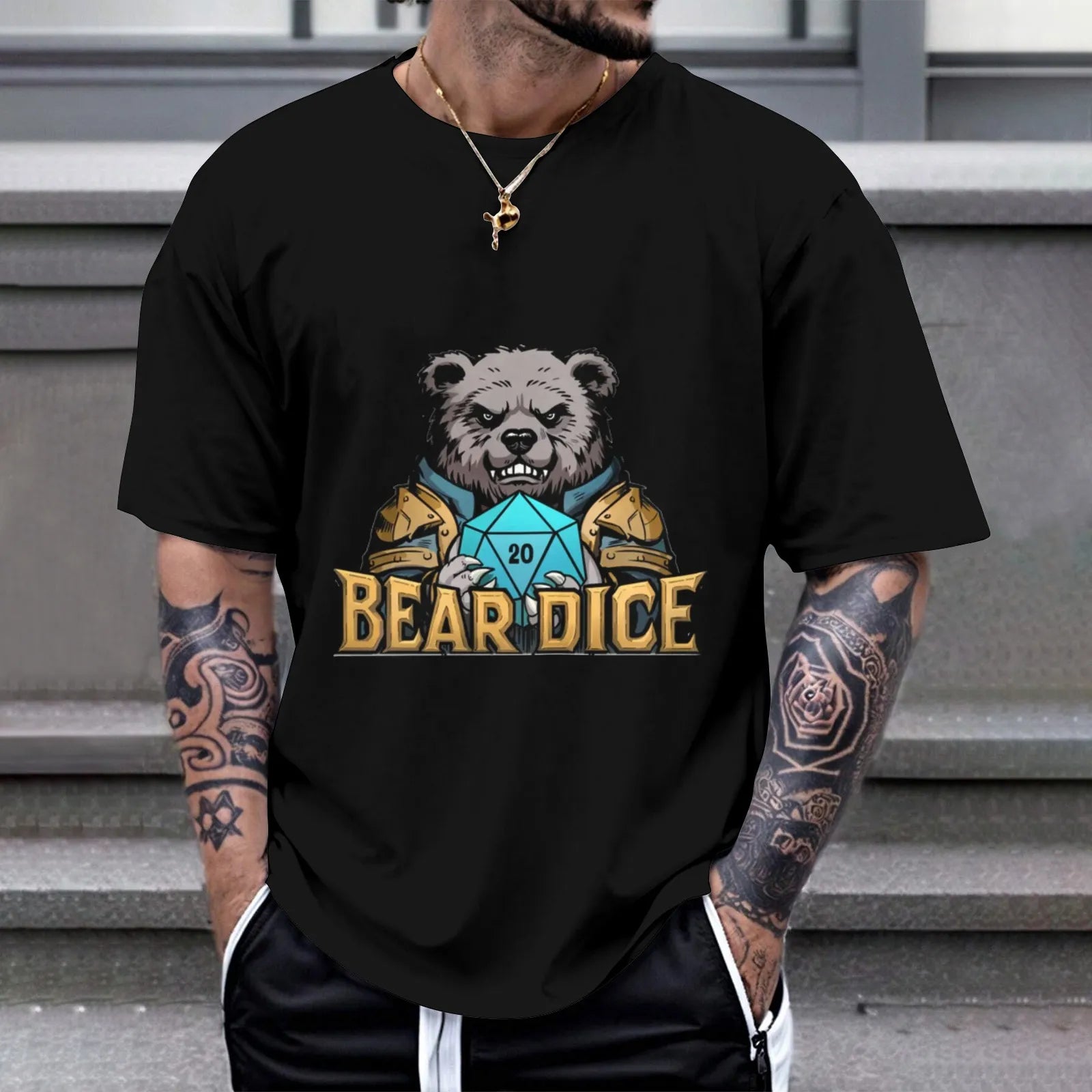 Personalized cotton American - style black short - sleeved T-shirt with Bear Dice logo - Bear Dice